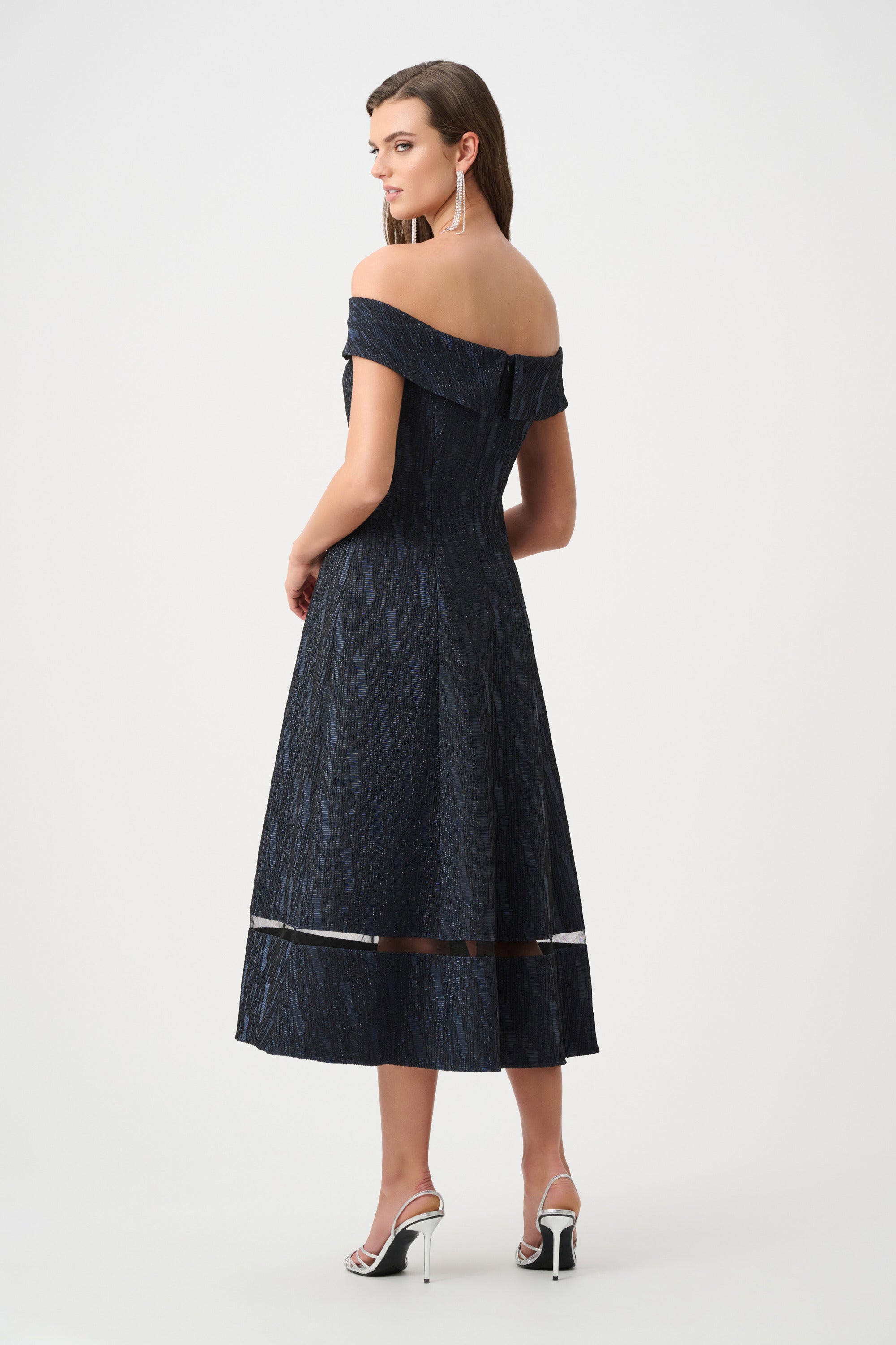 Joseph Ribkoff- Foil-Textured Jacquard Off-Shoulder Midi Dress in Navy