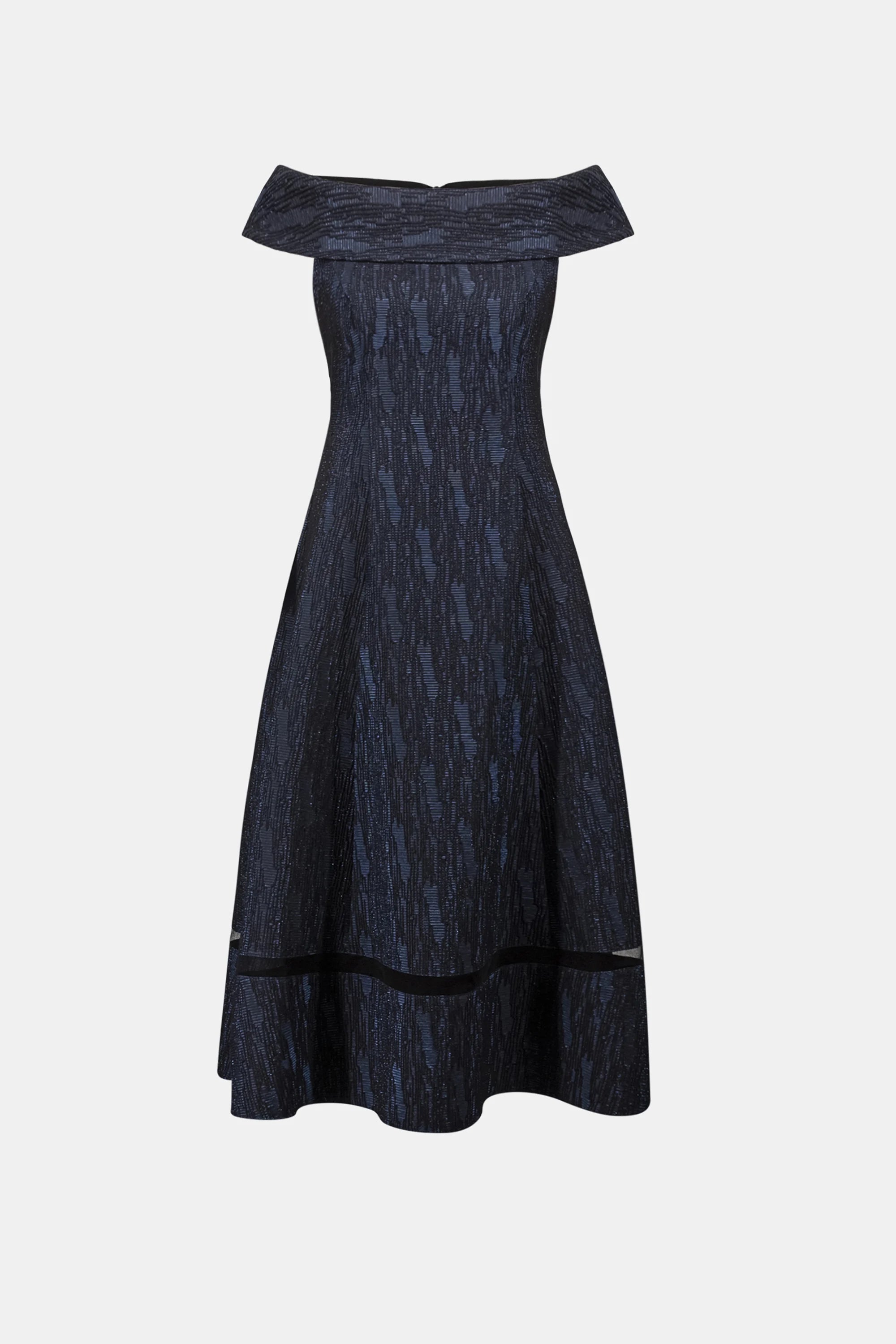 Joseph Ribkoff- Foil-Textured Jacquard Off-Shoulder Midi Dress in Navy