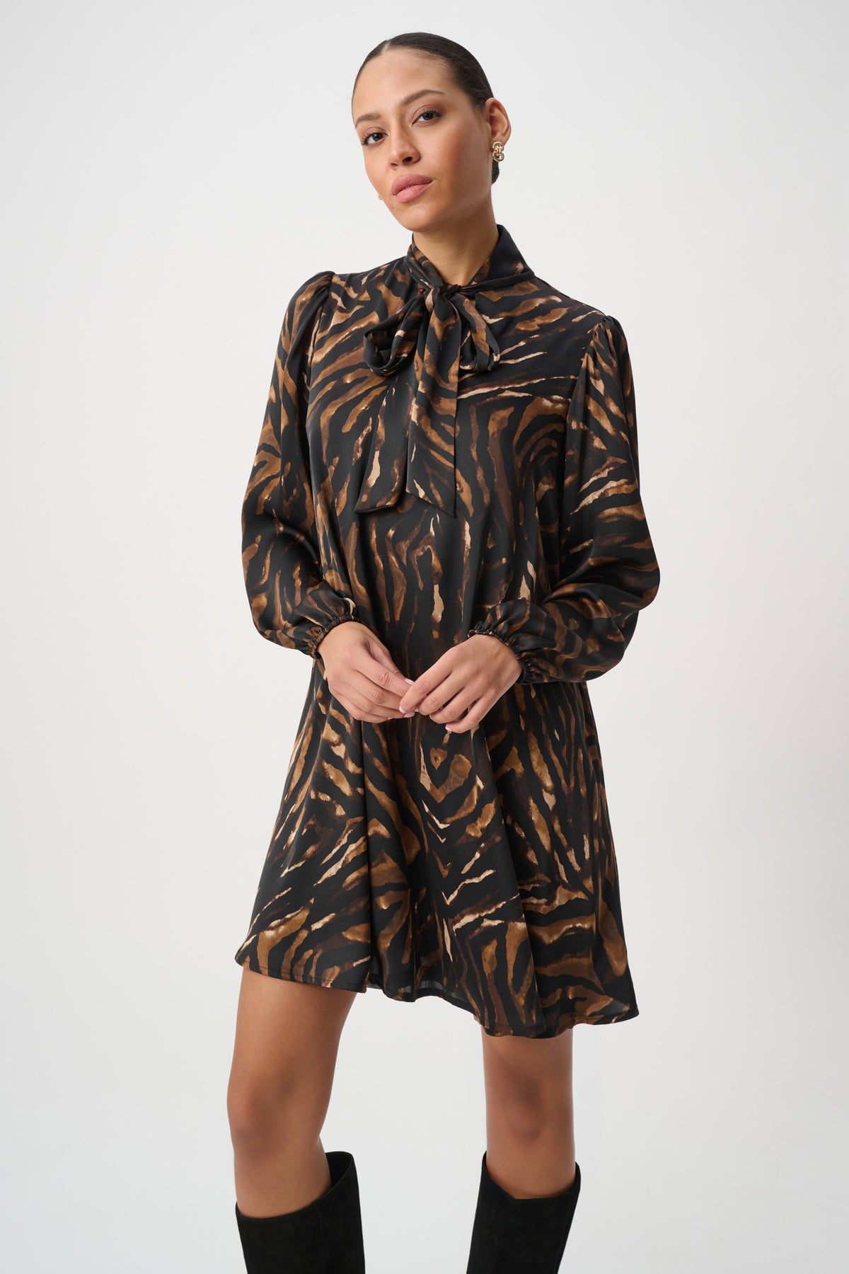 Joseph Ribkoff- Animal Print Tie-Neck Trapeze Dress in Black/ Brown