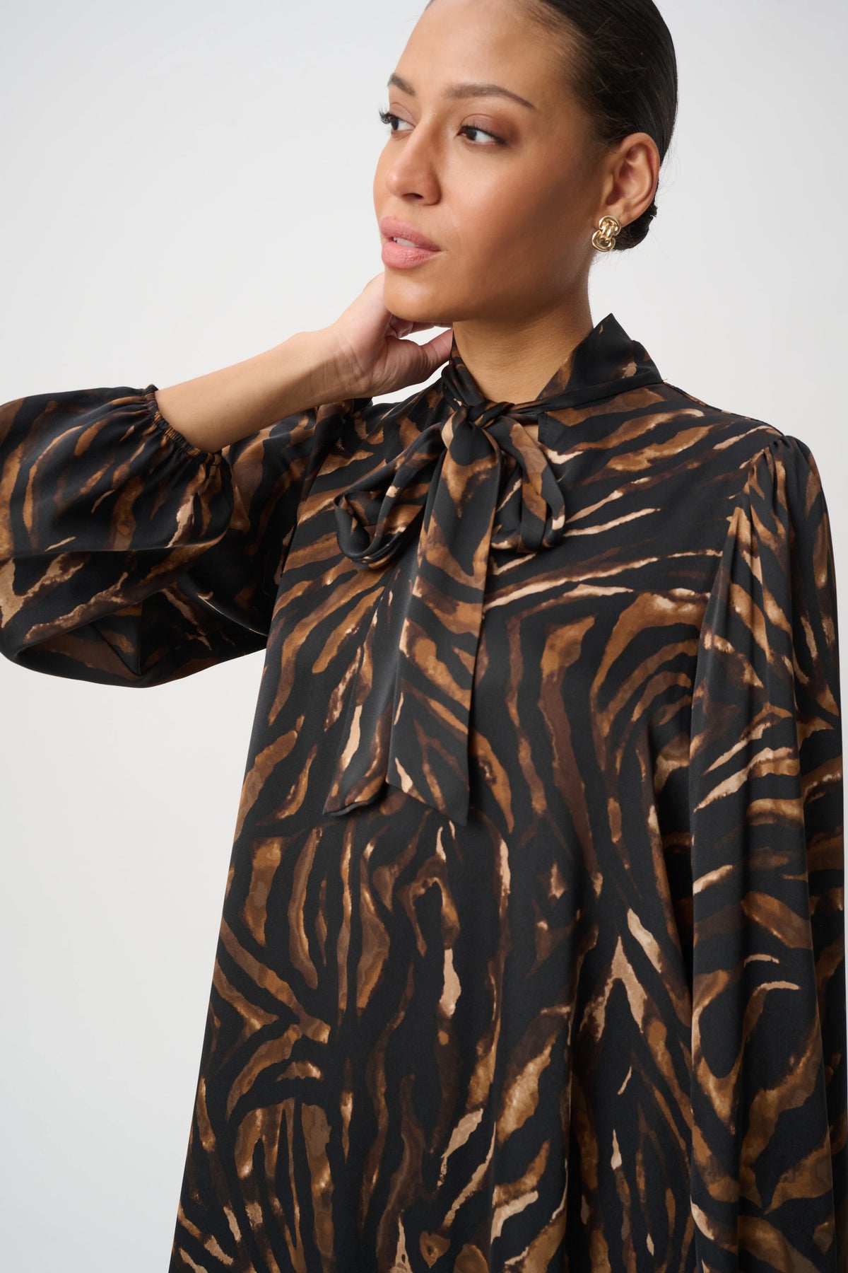 Joseph Ribkoff- Animal Print Tie-Neck Trapeze Dress in Black/ Brown