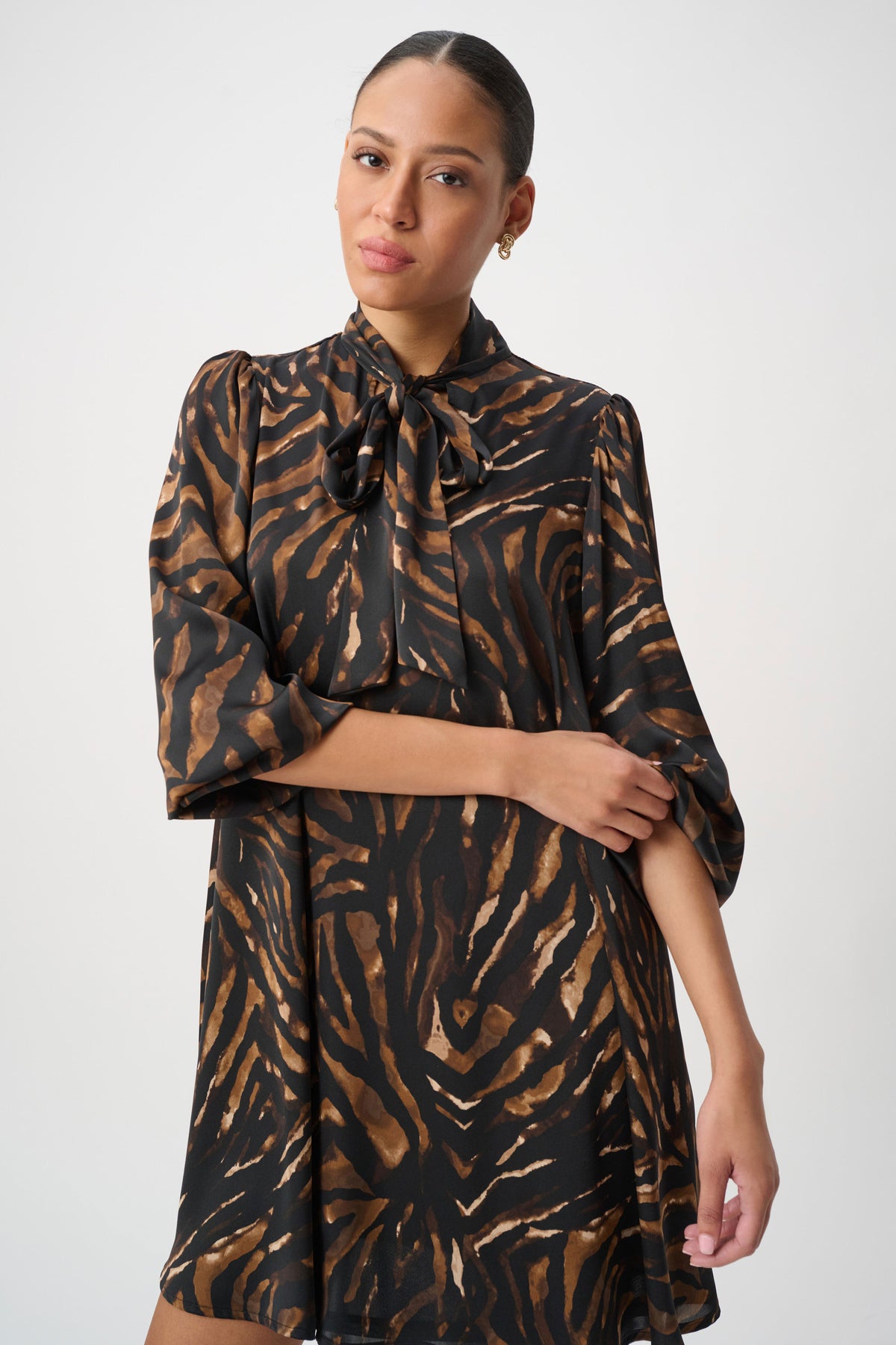 Joseph Ribkoff- Animal Print Tie-Neck Trapeze Dress in Black/ Brown