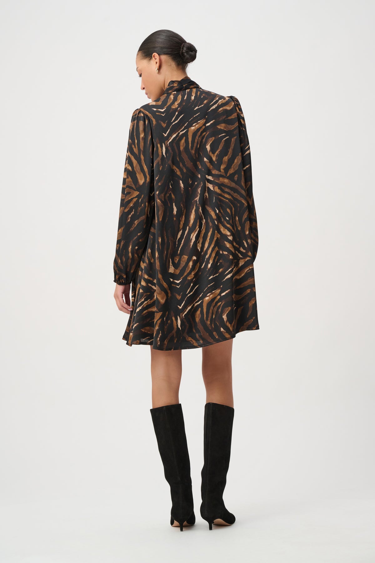 Joseph Ribkoff- Animal Print Tie-Neck Trapeze Dress in Black/ Brown