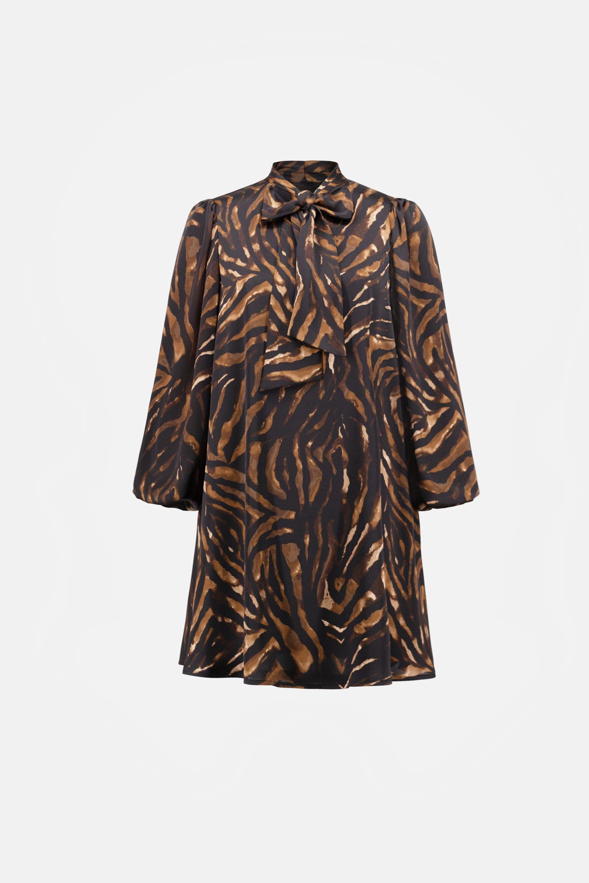Joseph Ribkoff- Animal Print Tie-Neck Trapeze Dress in Black/ Brown