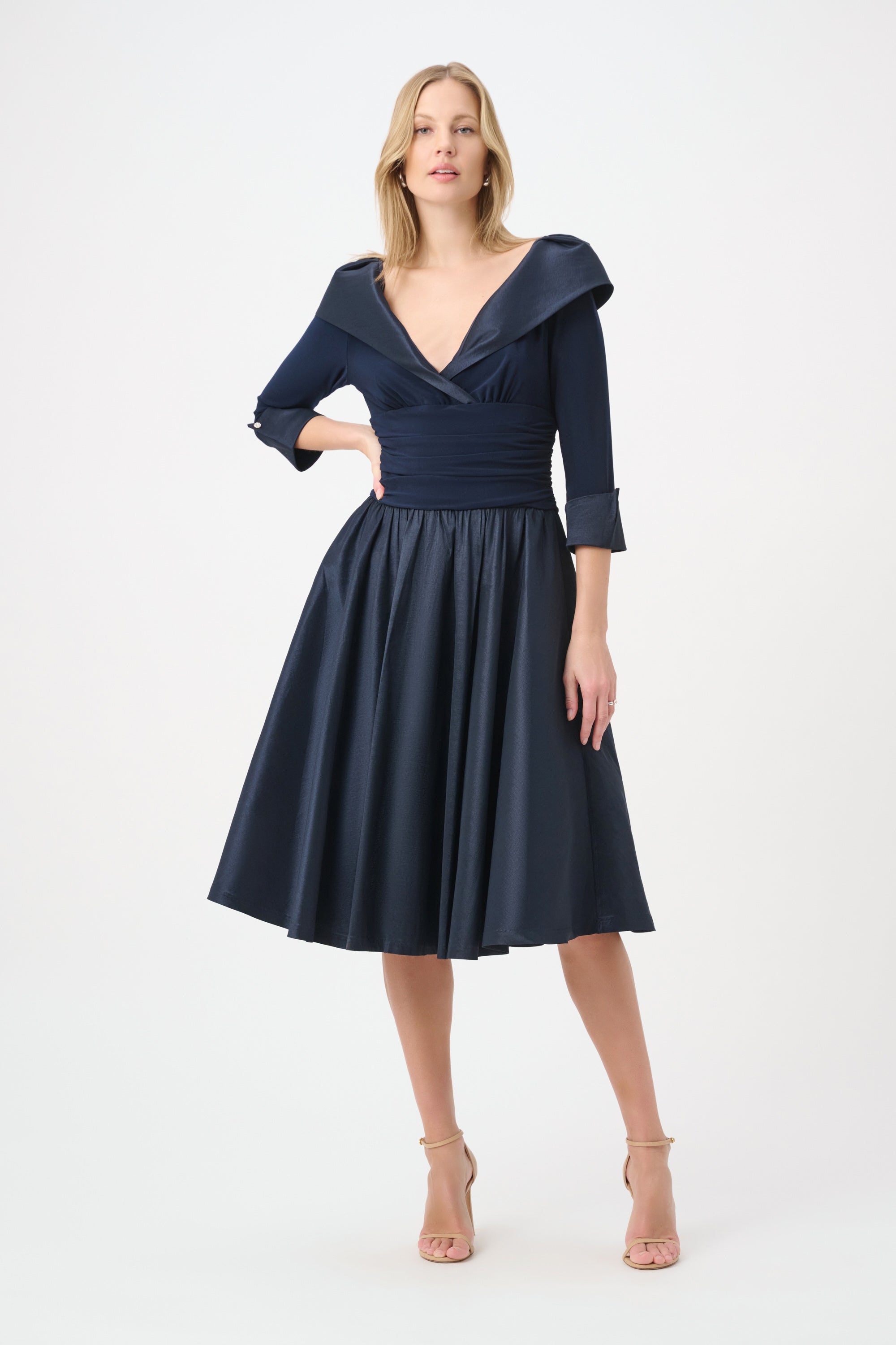 Joseph Ribkoff- V-Neck Lapel Fit & Flare Dress in Midnight Blue