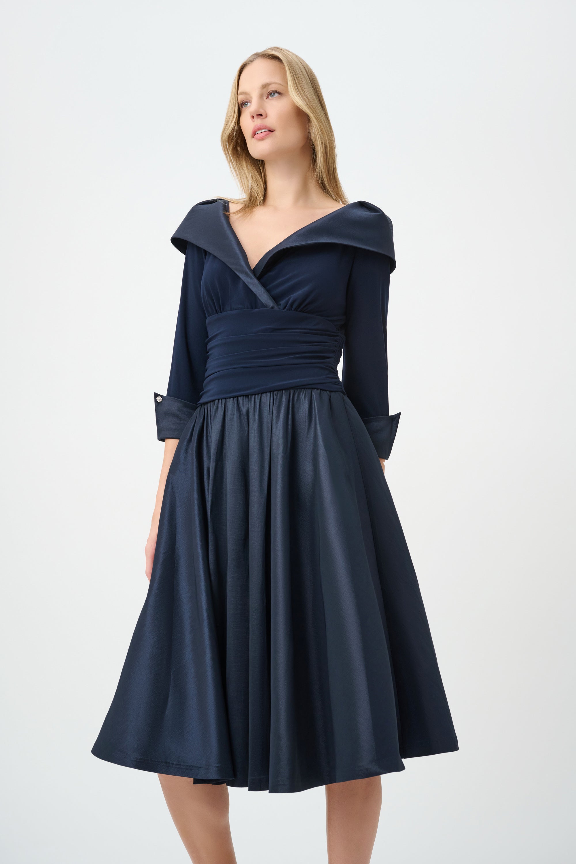 Joseph Ribkoff- V-Neck Lapel Fit & Flare Dress in Midnight Blue