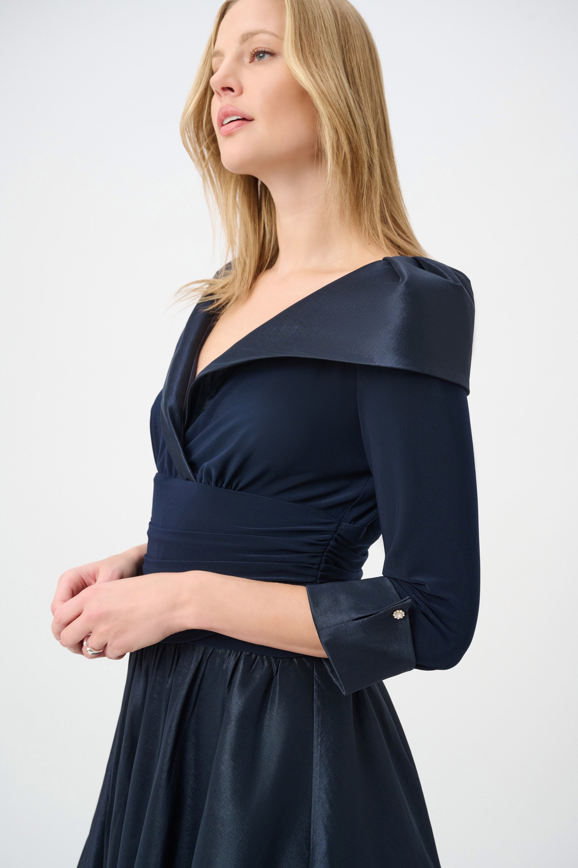Joseph Ribkoff- V-Neck Lapel Fit & Flare Dress in Midnight Blue