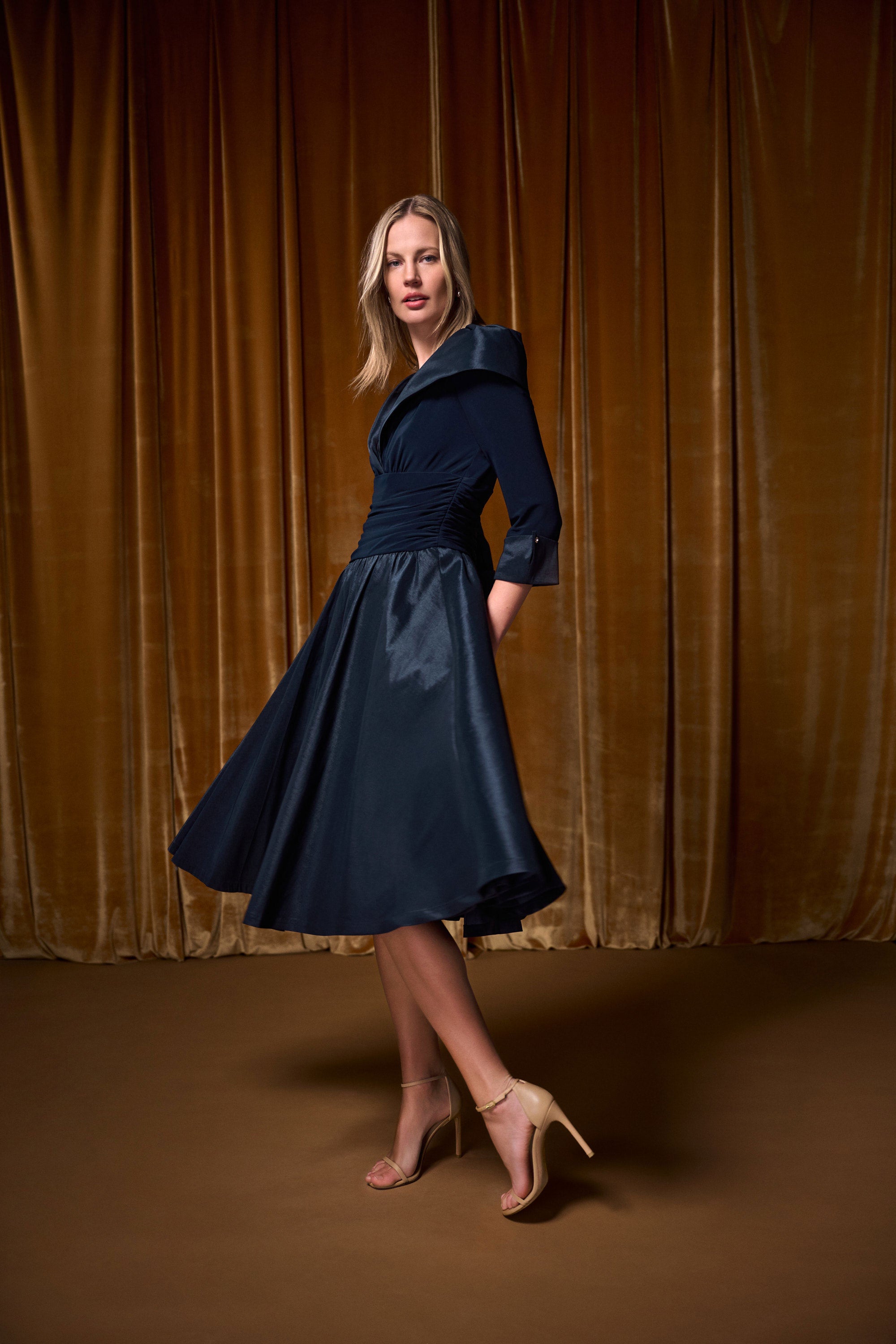 Joseph Ribkoff- V-Neck Lapel Fit & Flare Dress in Midnight Blue