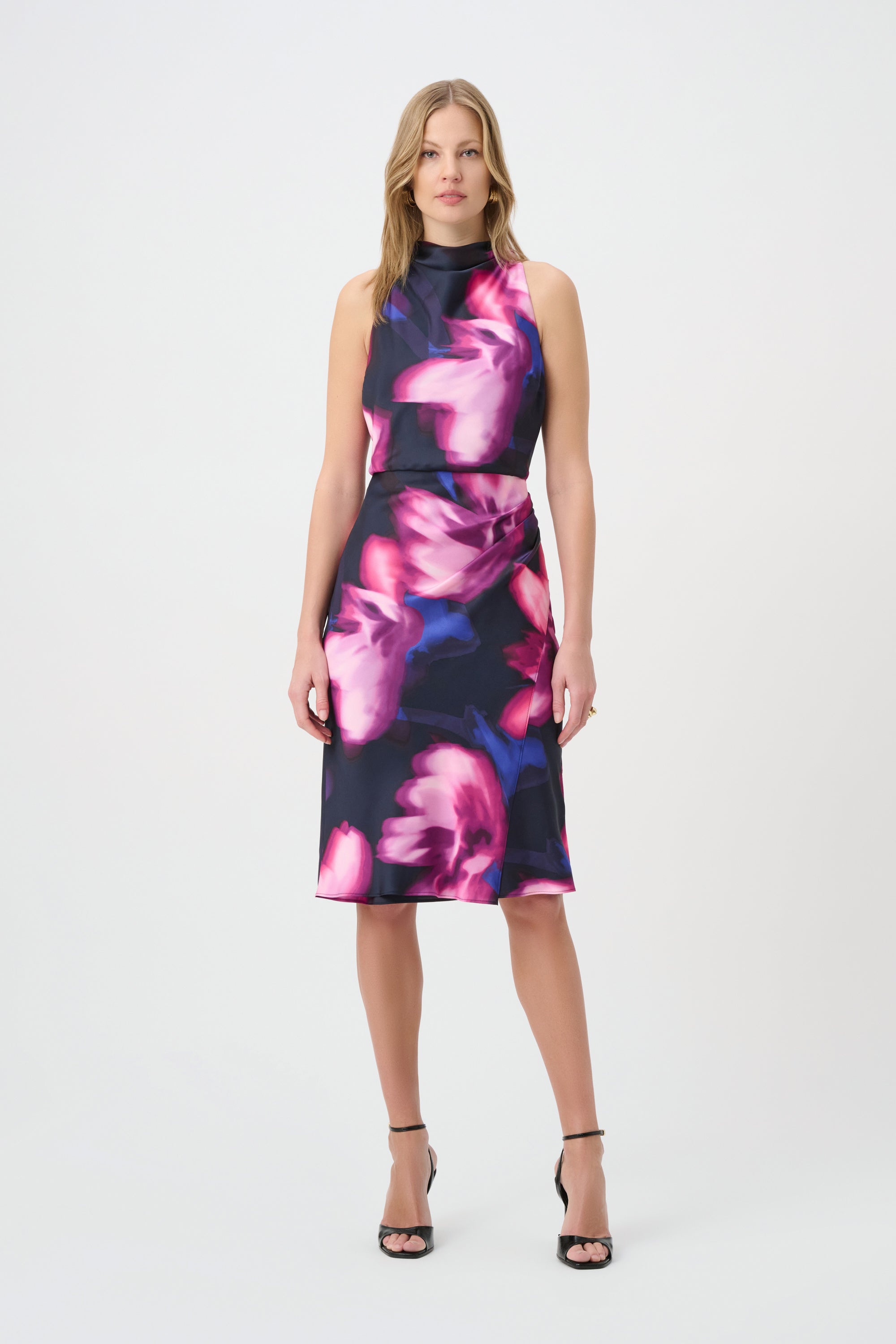 Joseph Ribkoff- Floral Print Satin Halter Neck Dress in Midnight Blue