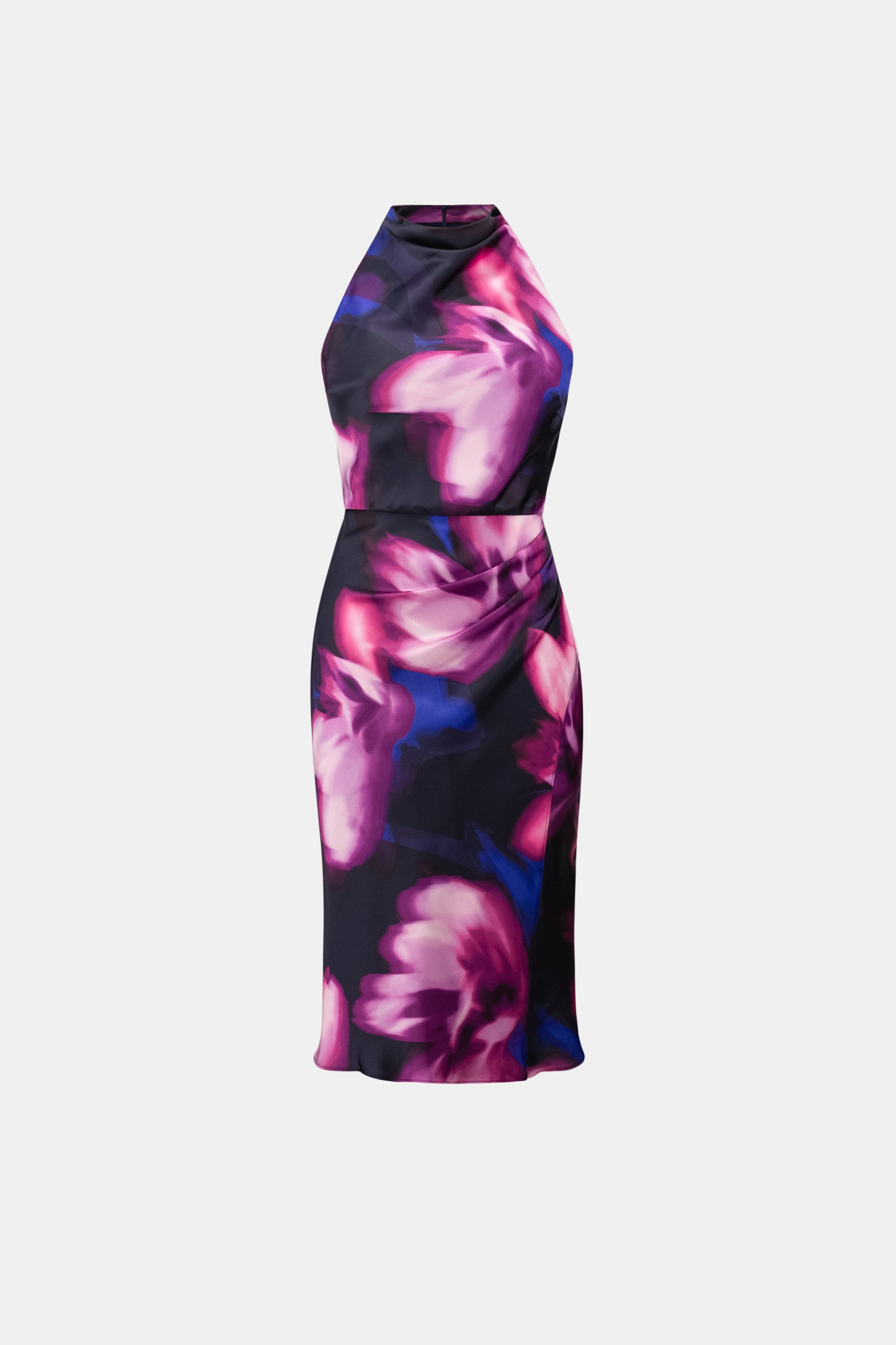 Joseph Ribkoff- Floral Print Satin Halter Neck Dress in Midnight Blue