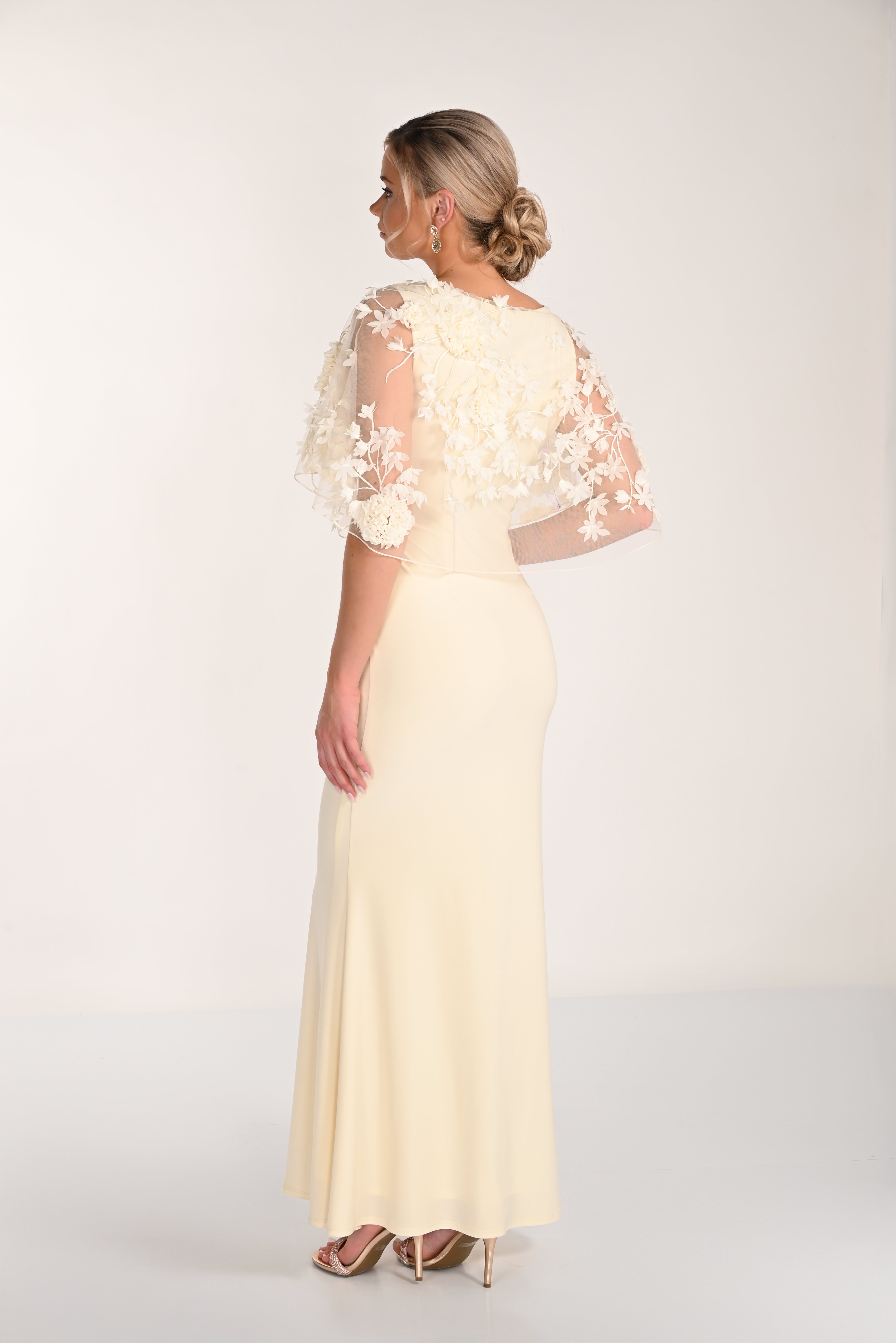 Frank Lyman- Floral Overlay Cape Dress in Custard