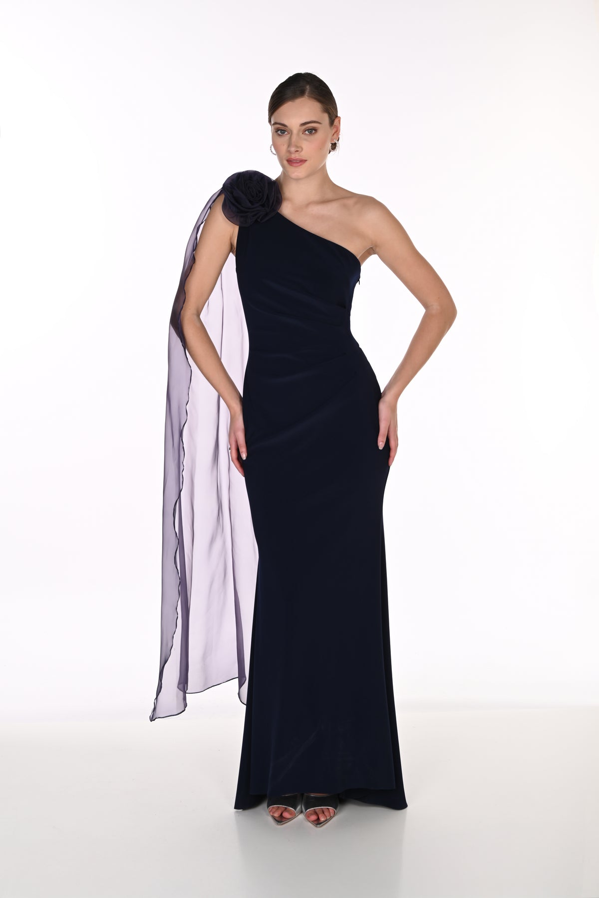 Frank Lyman- One Shoulder Rosette Gown in Midnight