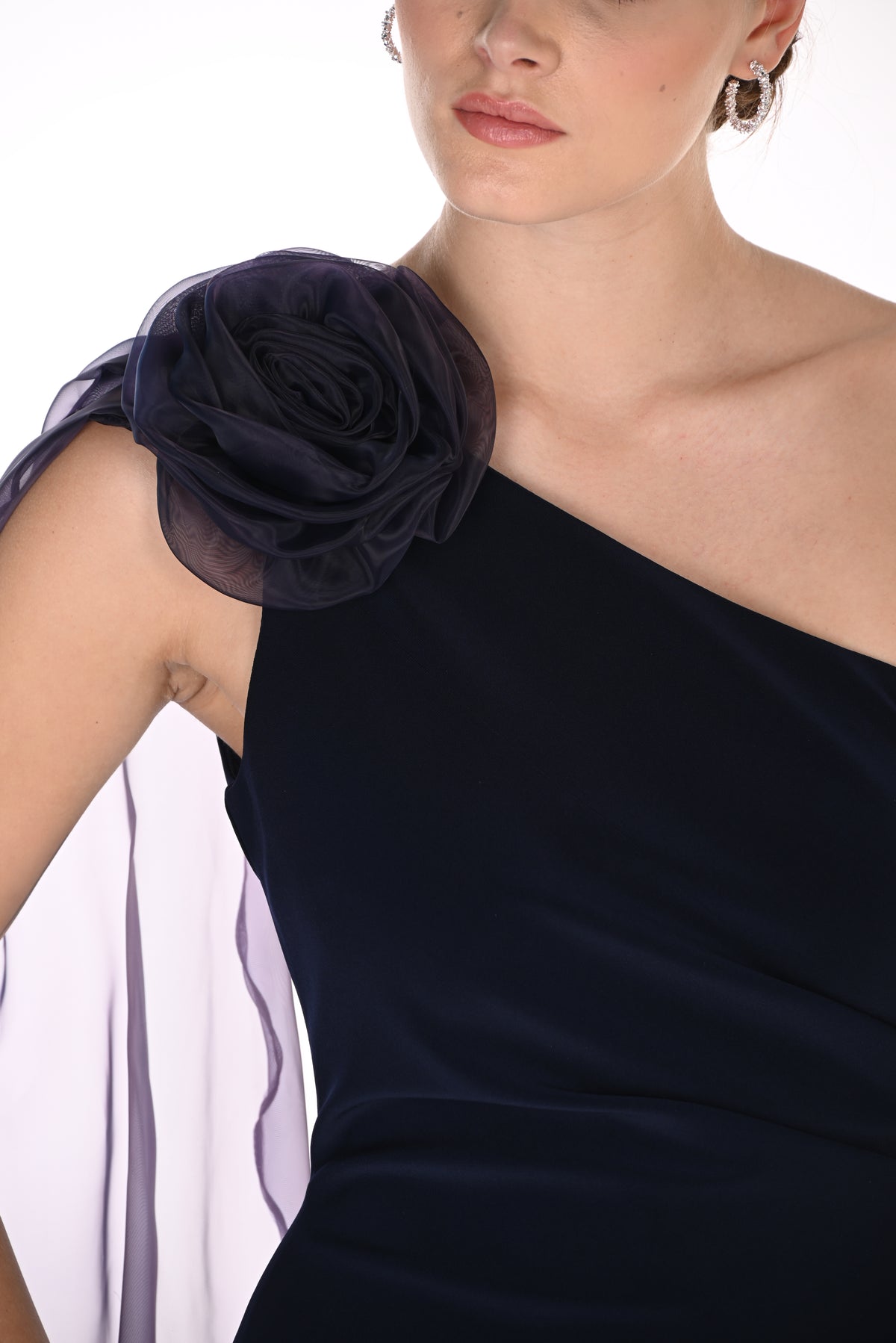 Frank Lyman- One Shoulder Rosette Gown in Midnight