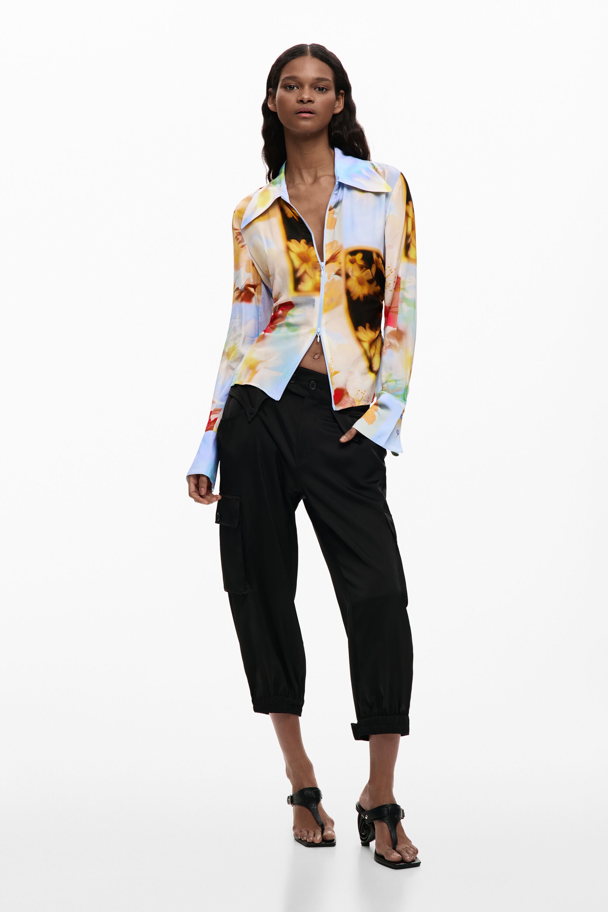 Desigual- Flowy Floral Zippered Blouse in Yellow