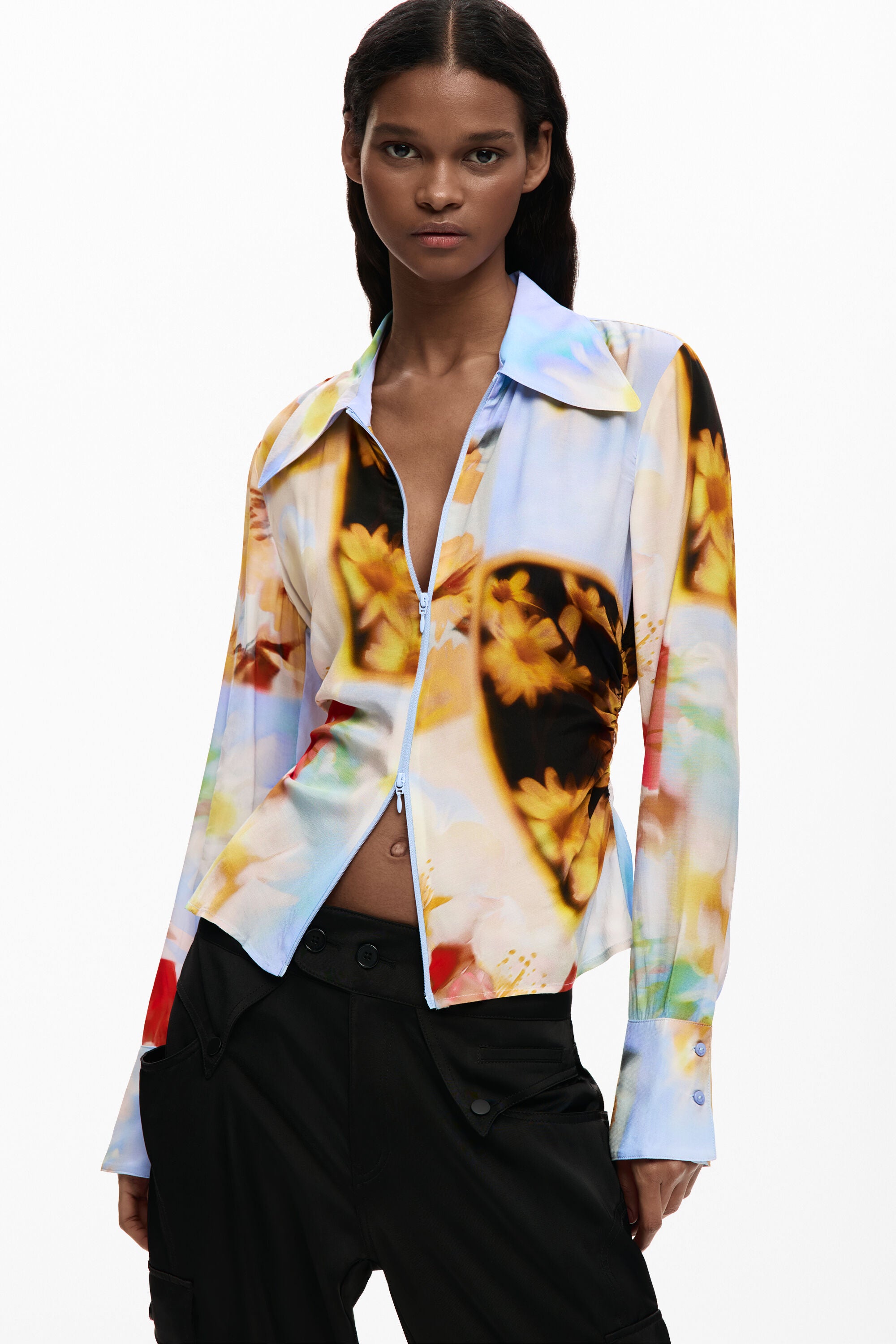 Desigual- Flowy Floral Zippered Blouse in Yellow