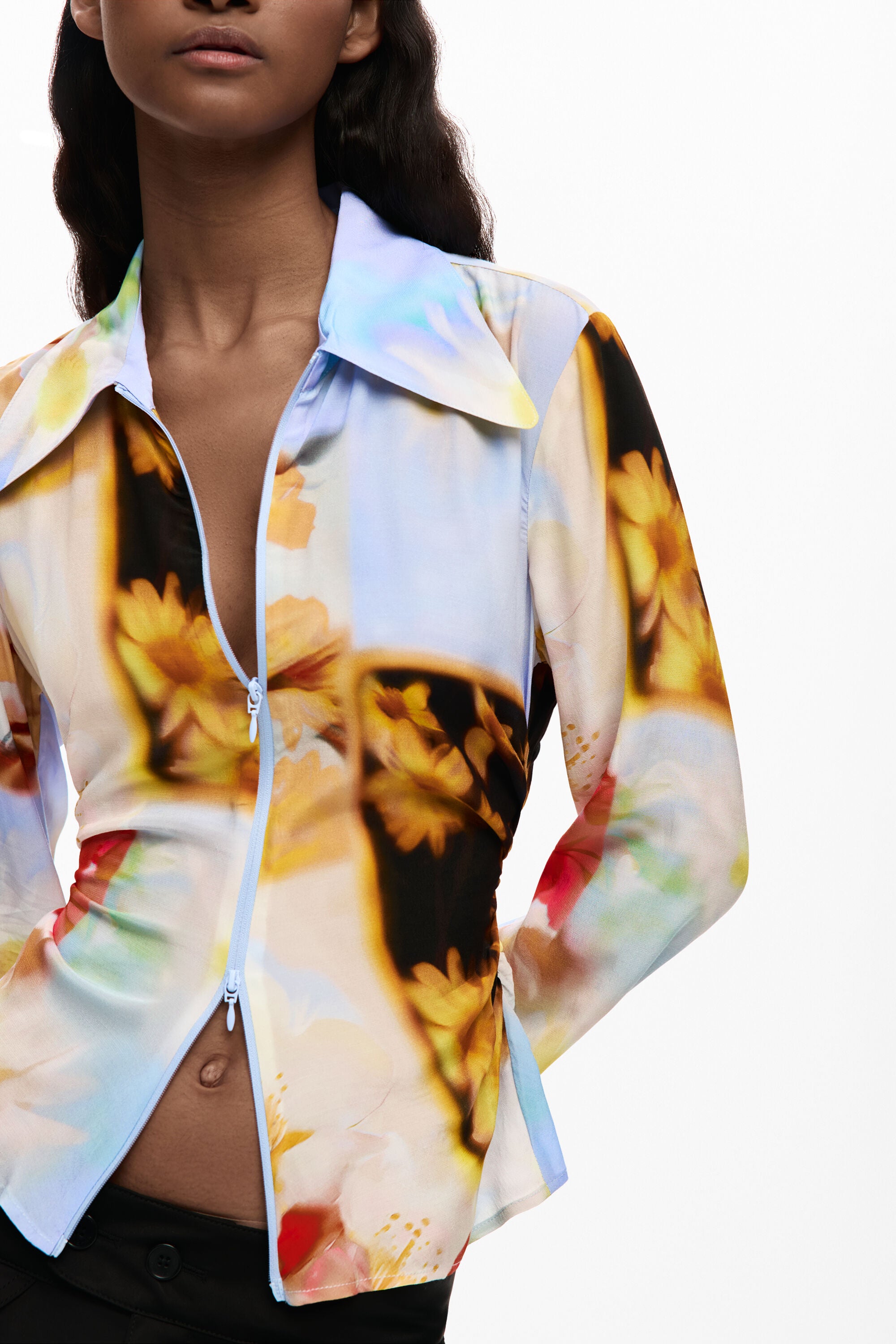 Desigual- Flowy Floral Zippered Blouse in Yellow