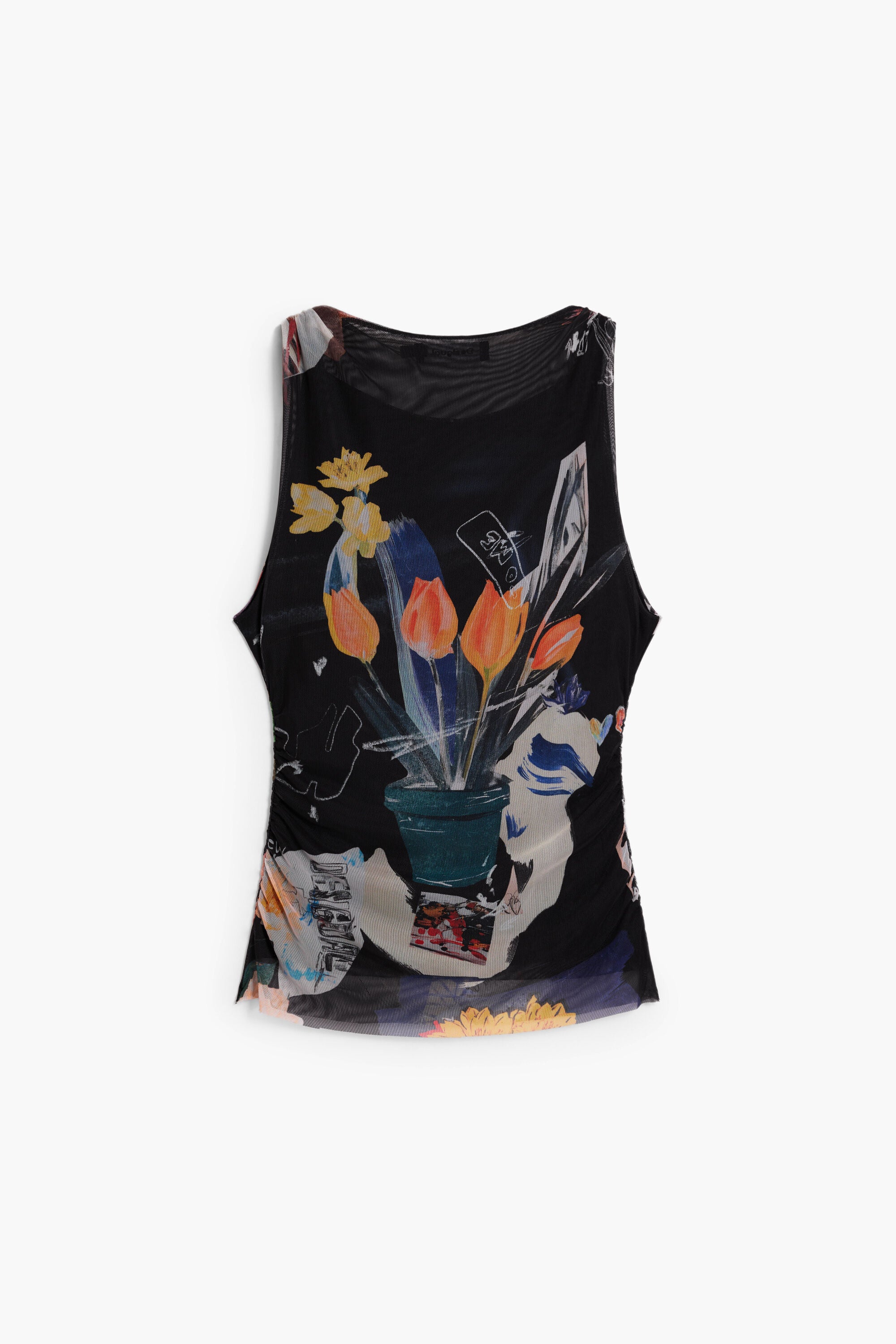 Desigual- Mesh T-shirt With Flowers in Black