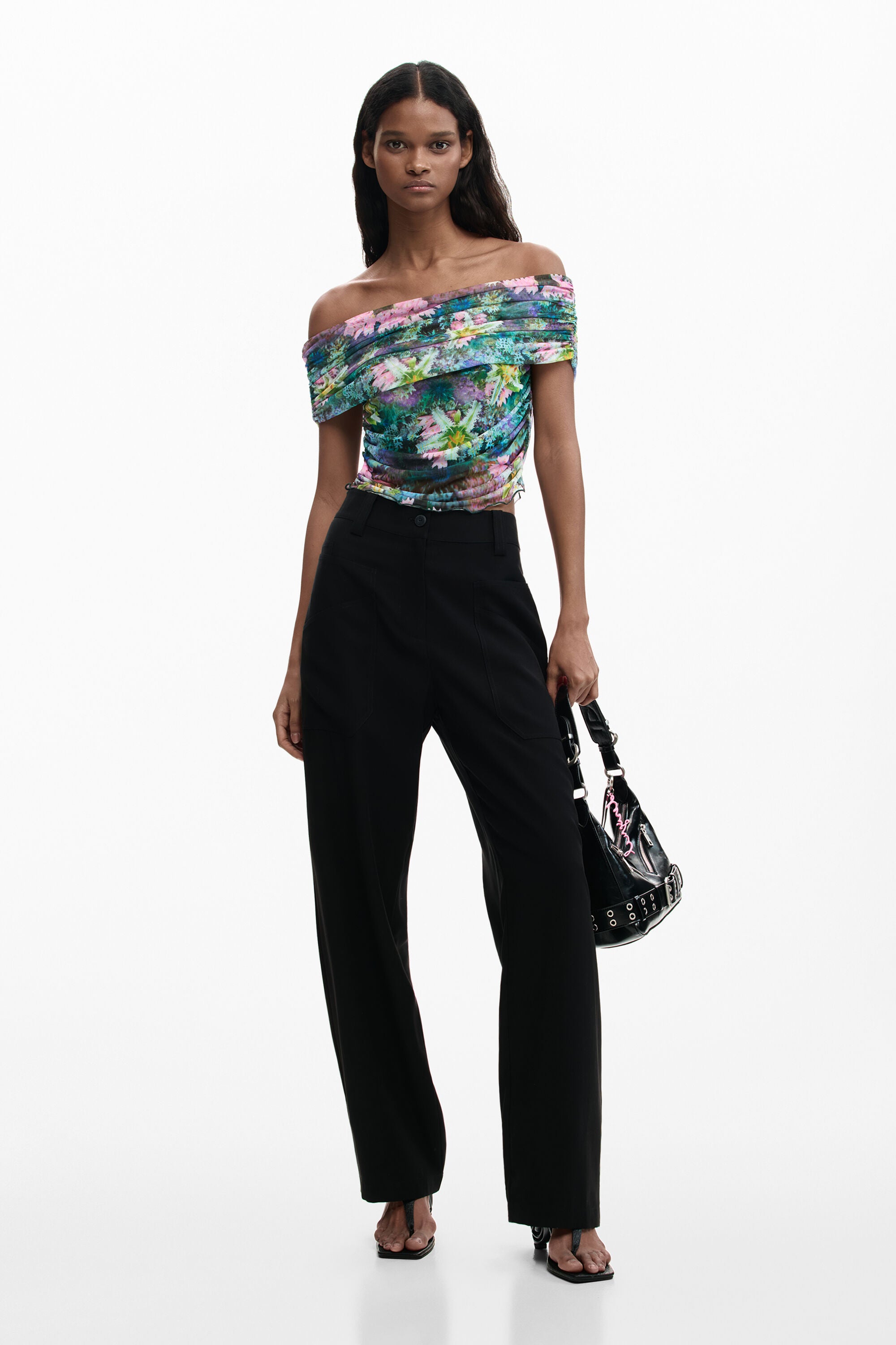 Desigual- Floral Boat Neck Top in Green