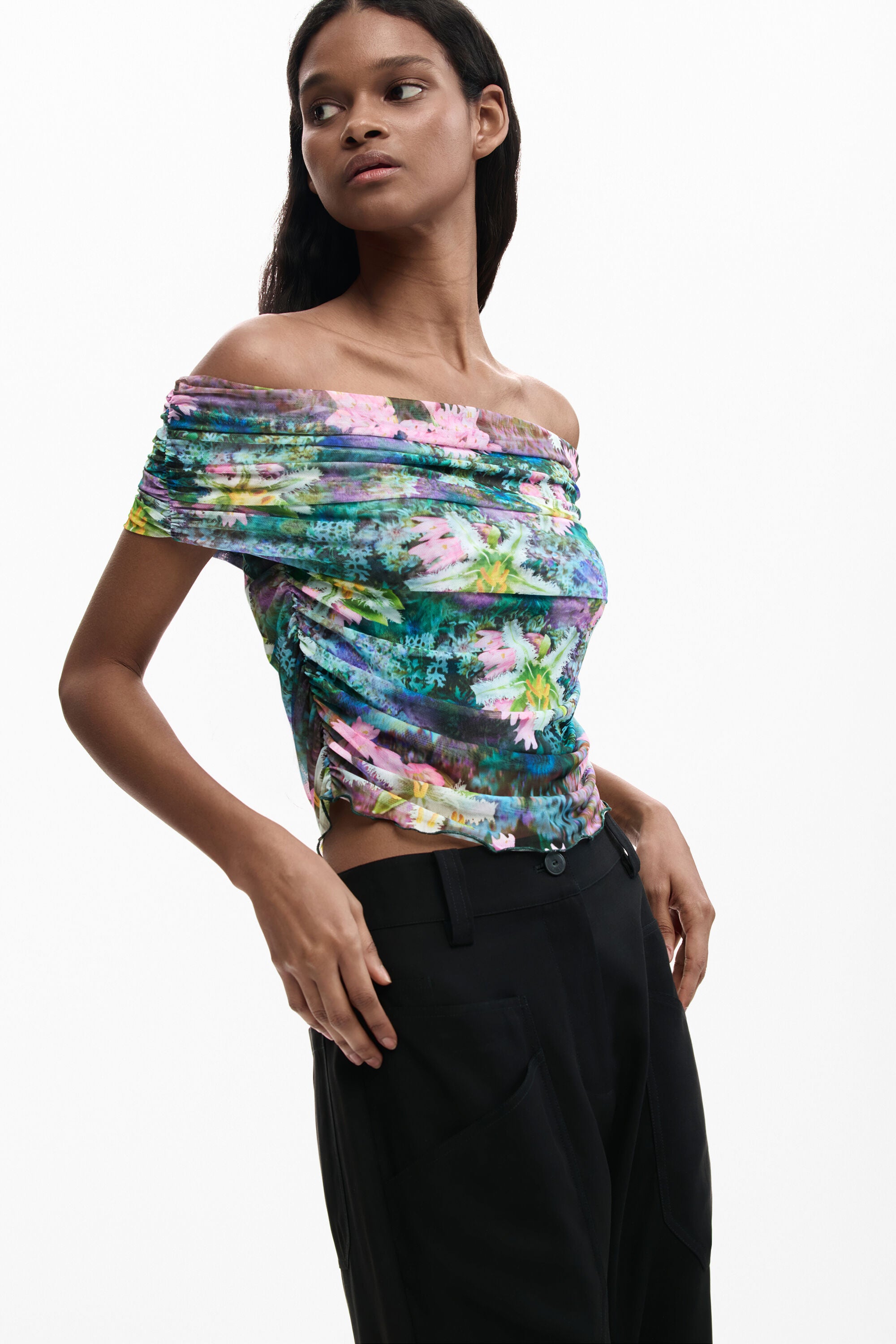 Desigual- Floral Boat Neck Top in Green