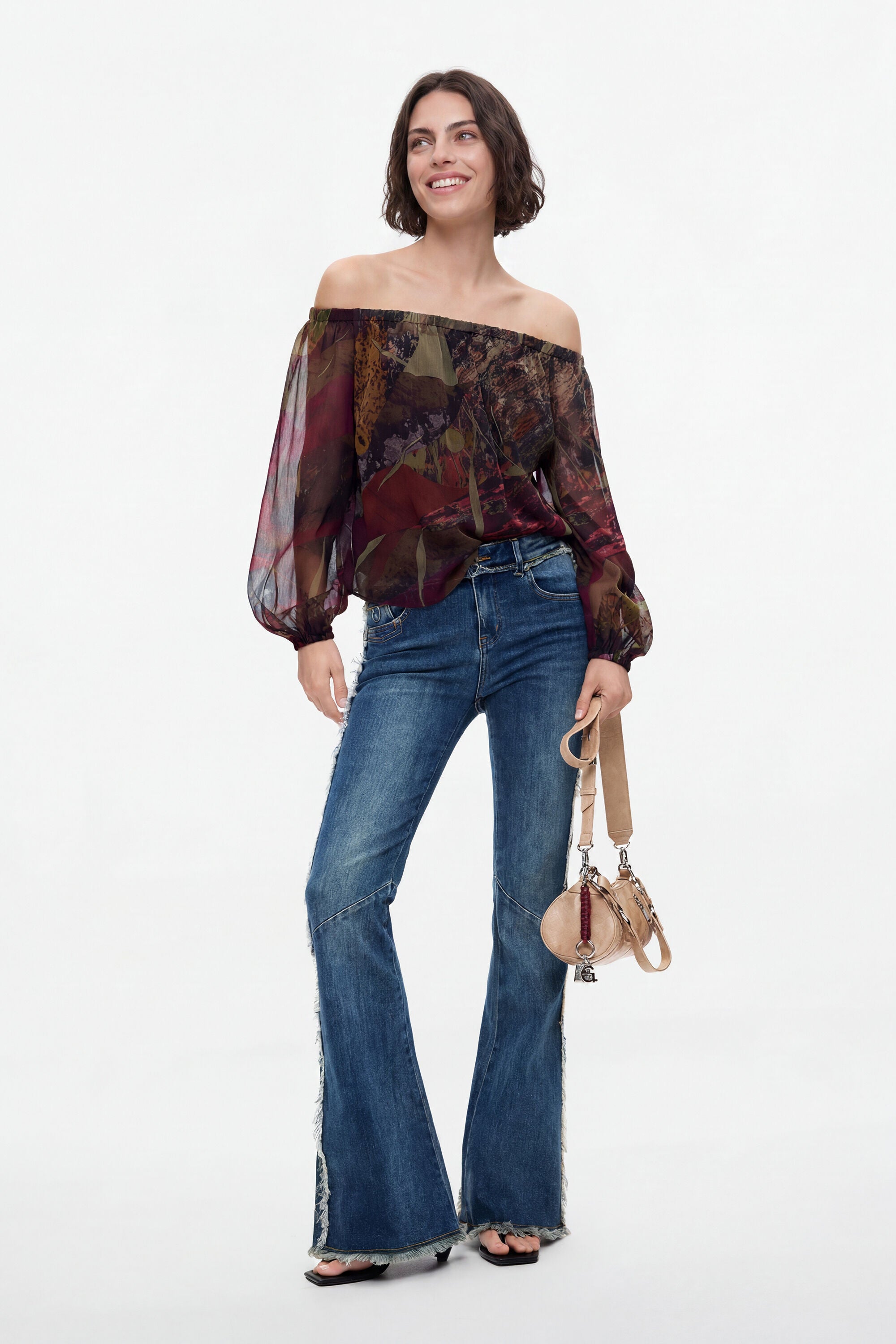 Desigual- Printed Off-Shoulder Blouse in Kaki