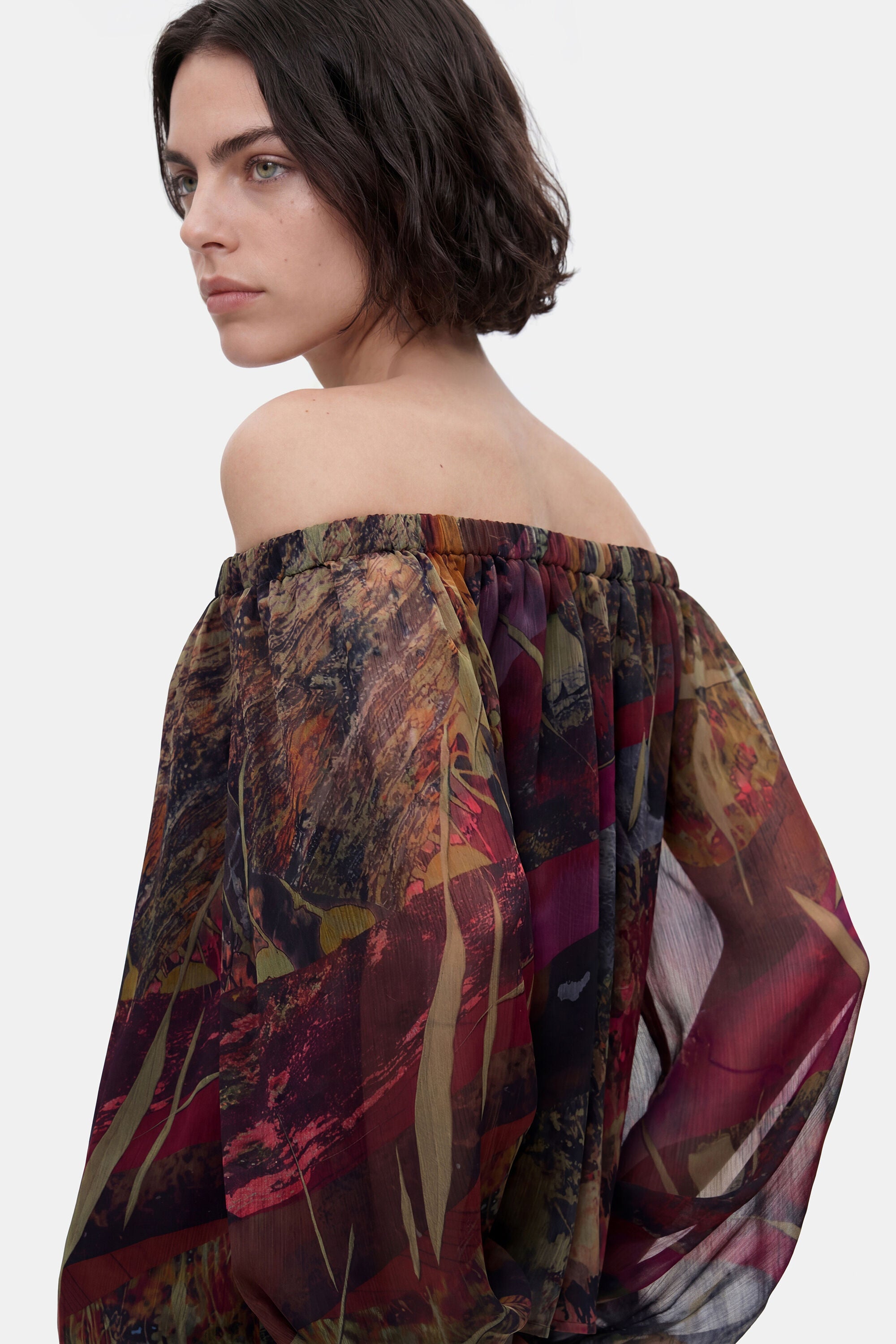 Desigual- Printed Off-Shoulder Blouse in Kaki