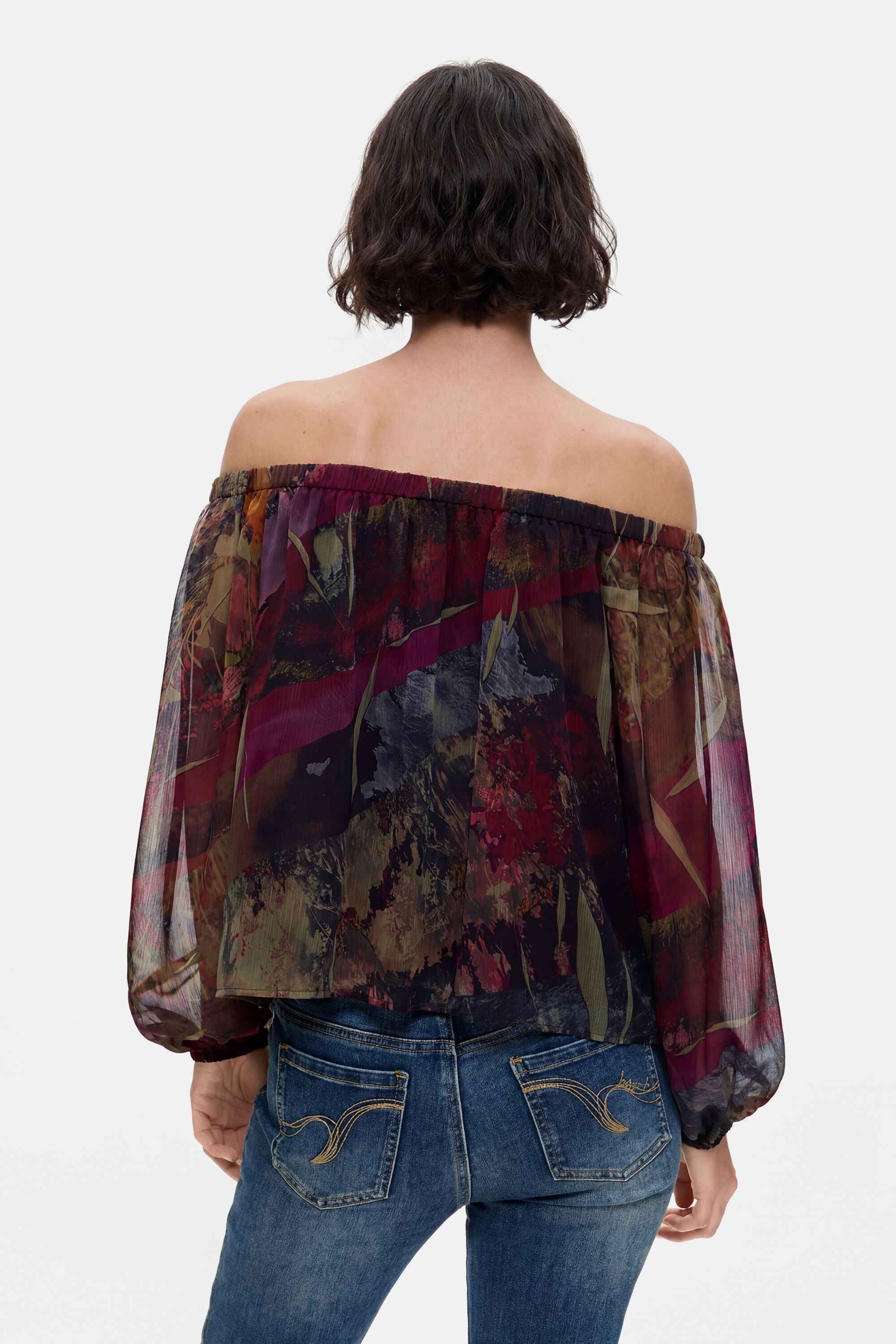 Desigual- Printed Off-Shoulder Blouse in Kaki