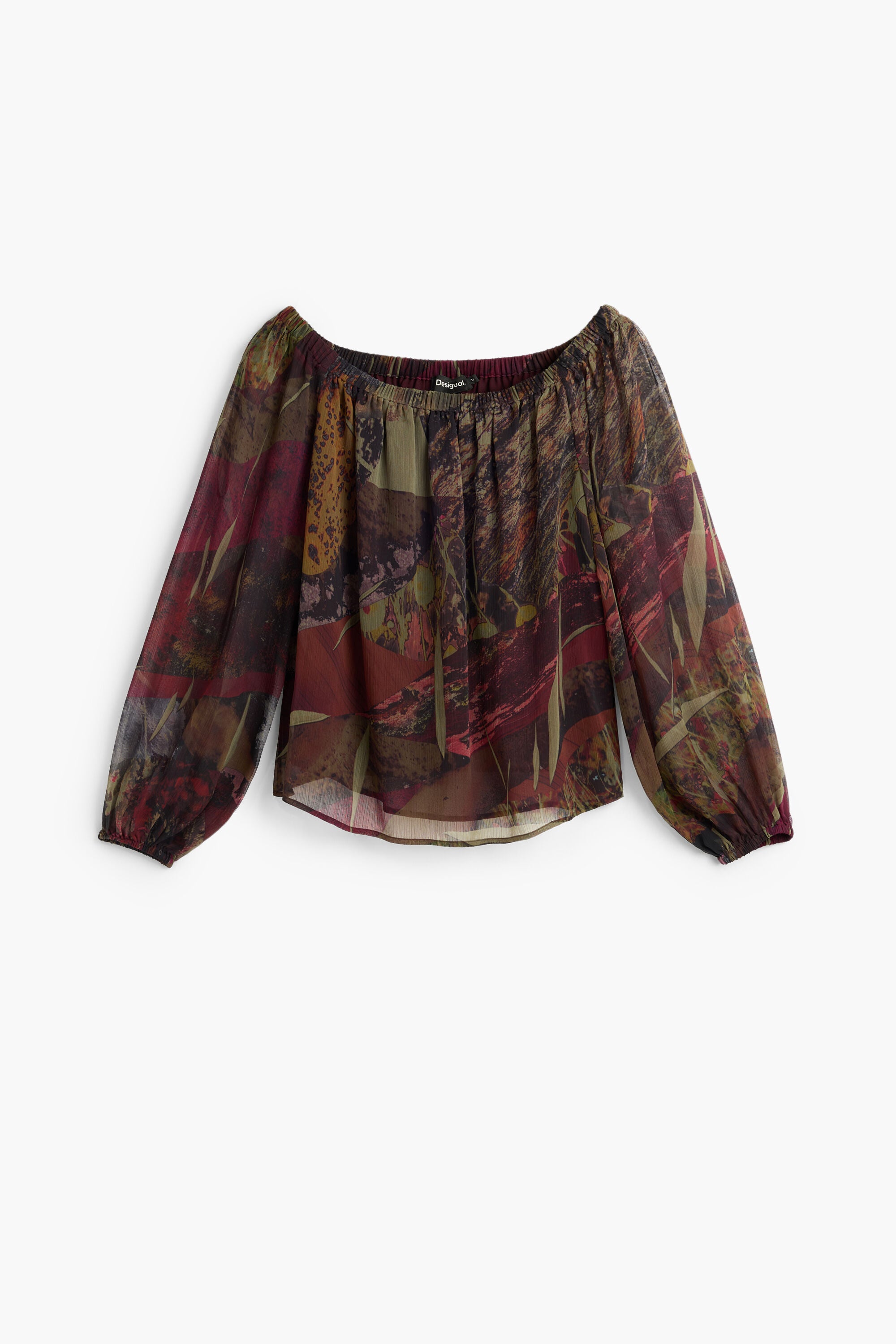 Desigual- Printed Off-Shoulder Blouse in Kaki