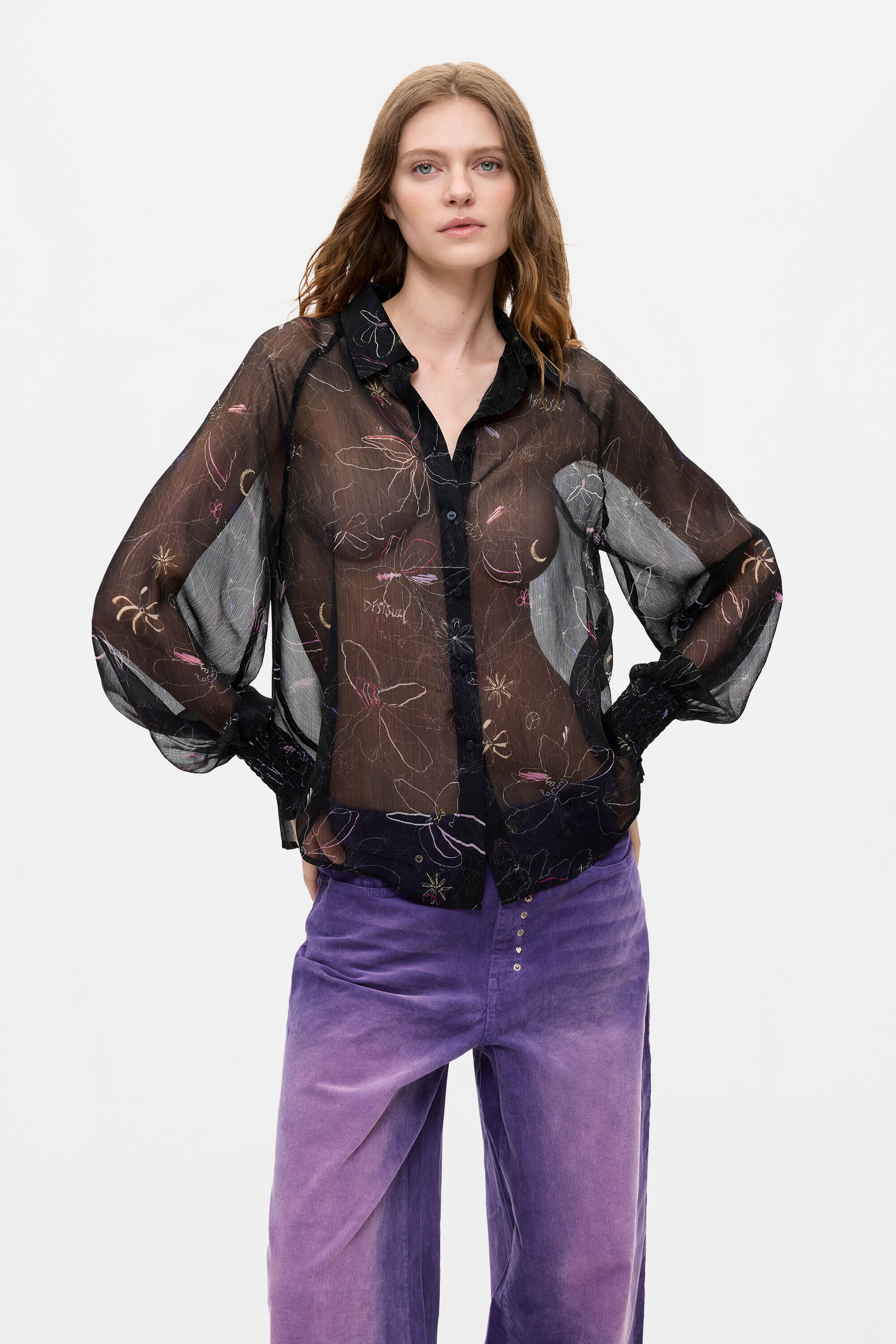 Desigual- Sheer Floral Blouse in Black