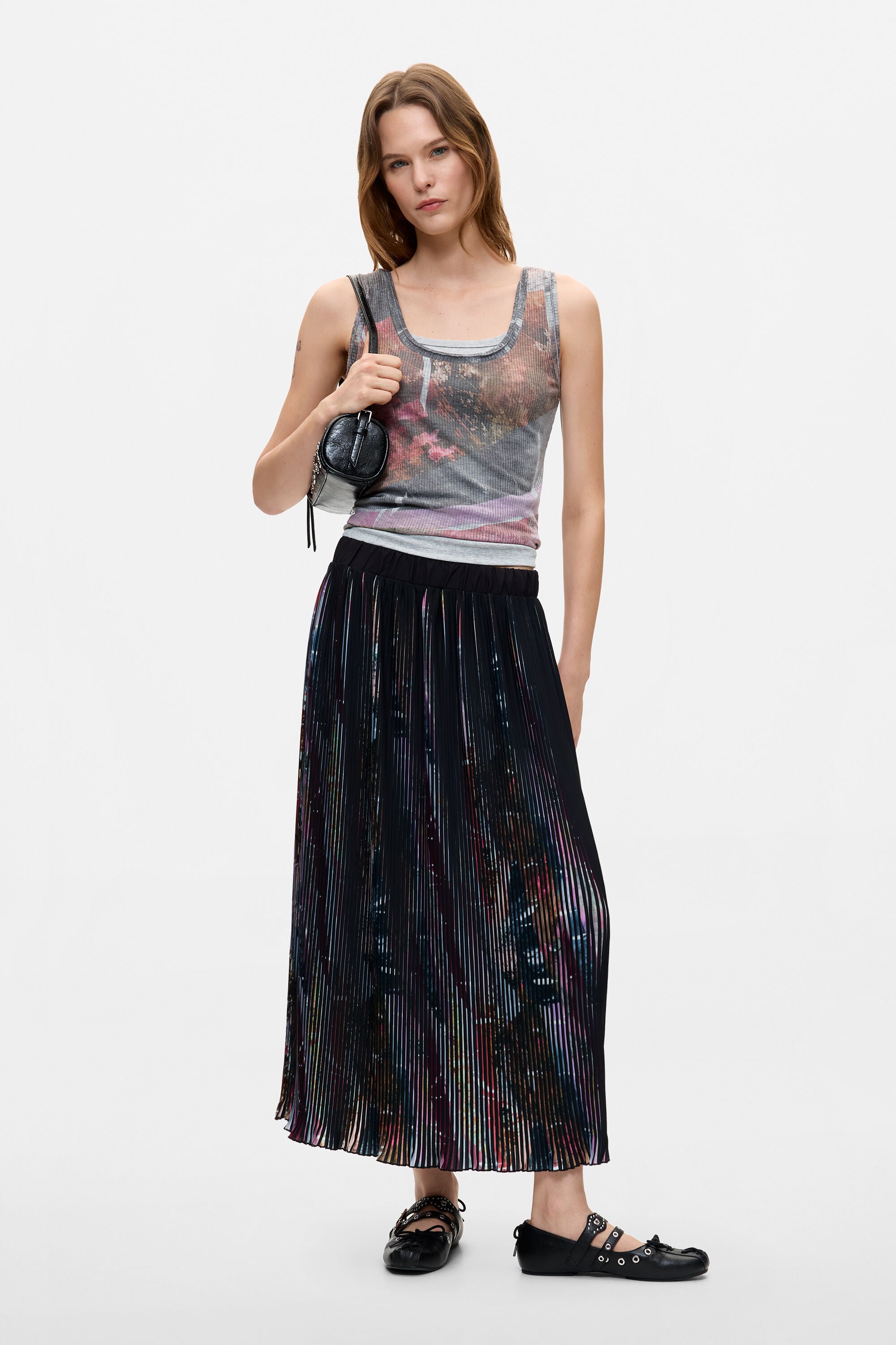 Desigual- Floral Midi Pleated Skirt in Black