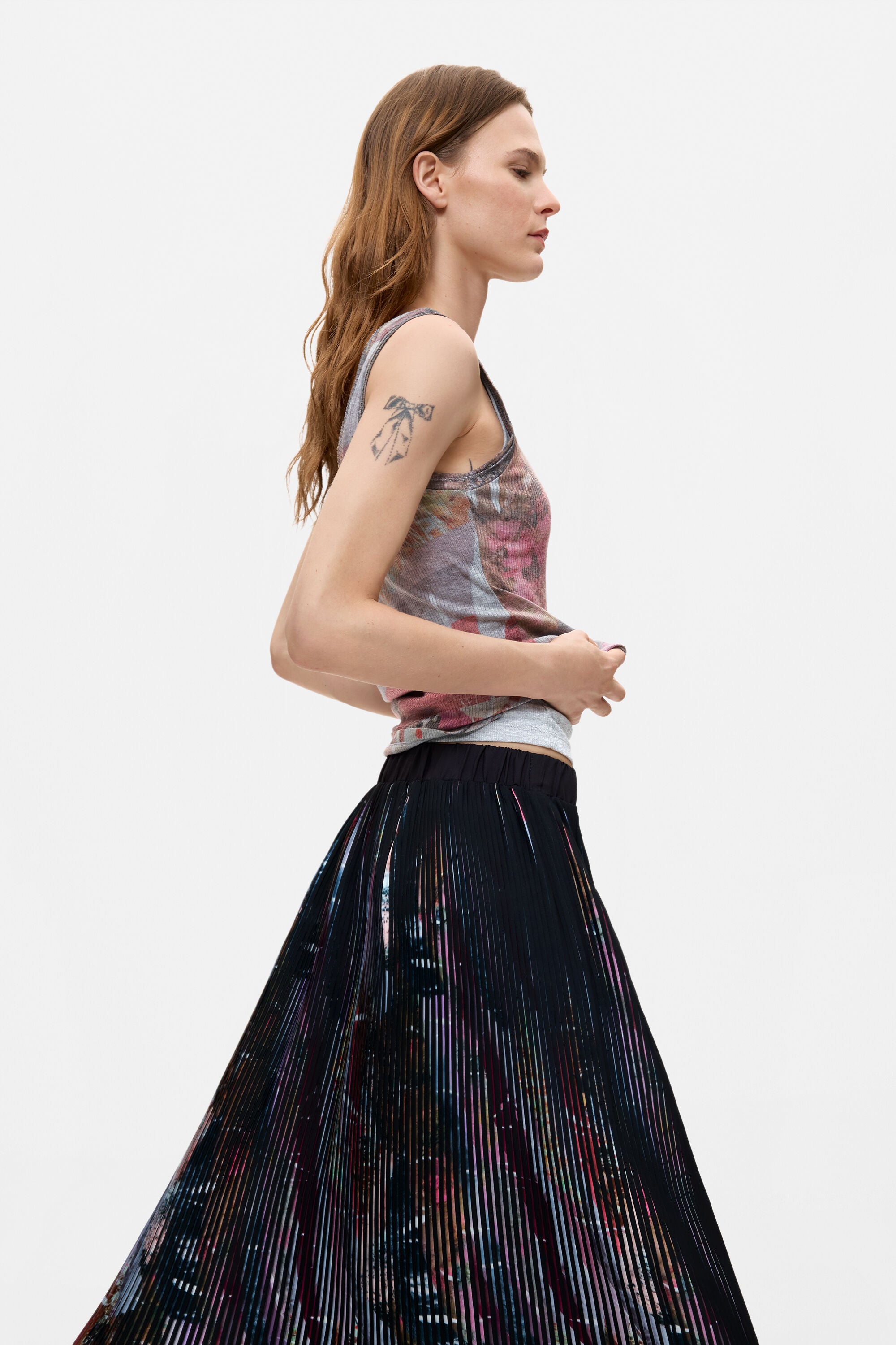 Desigual- Floral Midi Pleated Skirt in Black