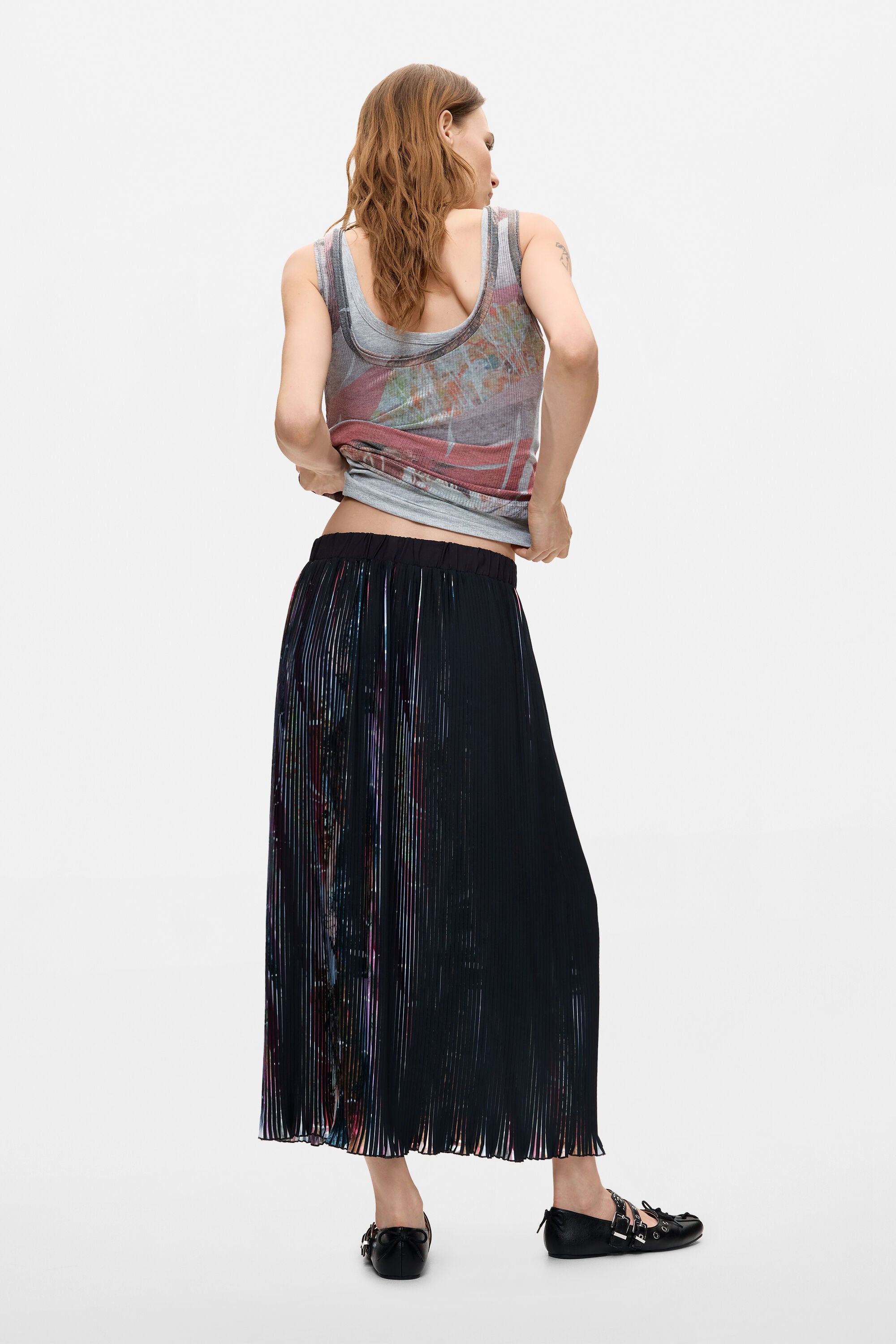 Desigual- Floral Midi Pleated Skirt in Black