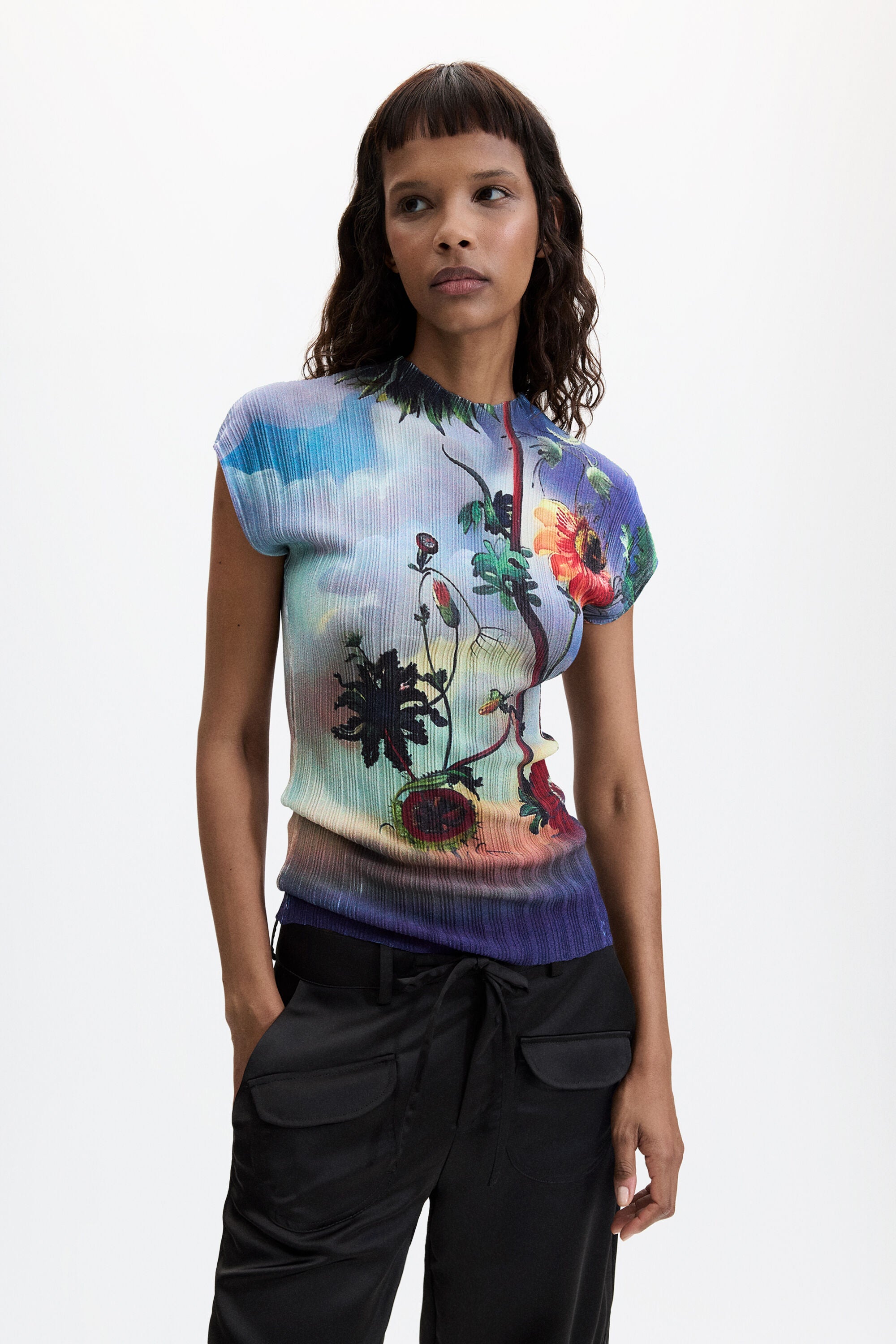 Desigual- Printed Ribbed T-shirt in Midnight Blue