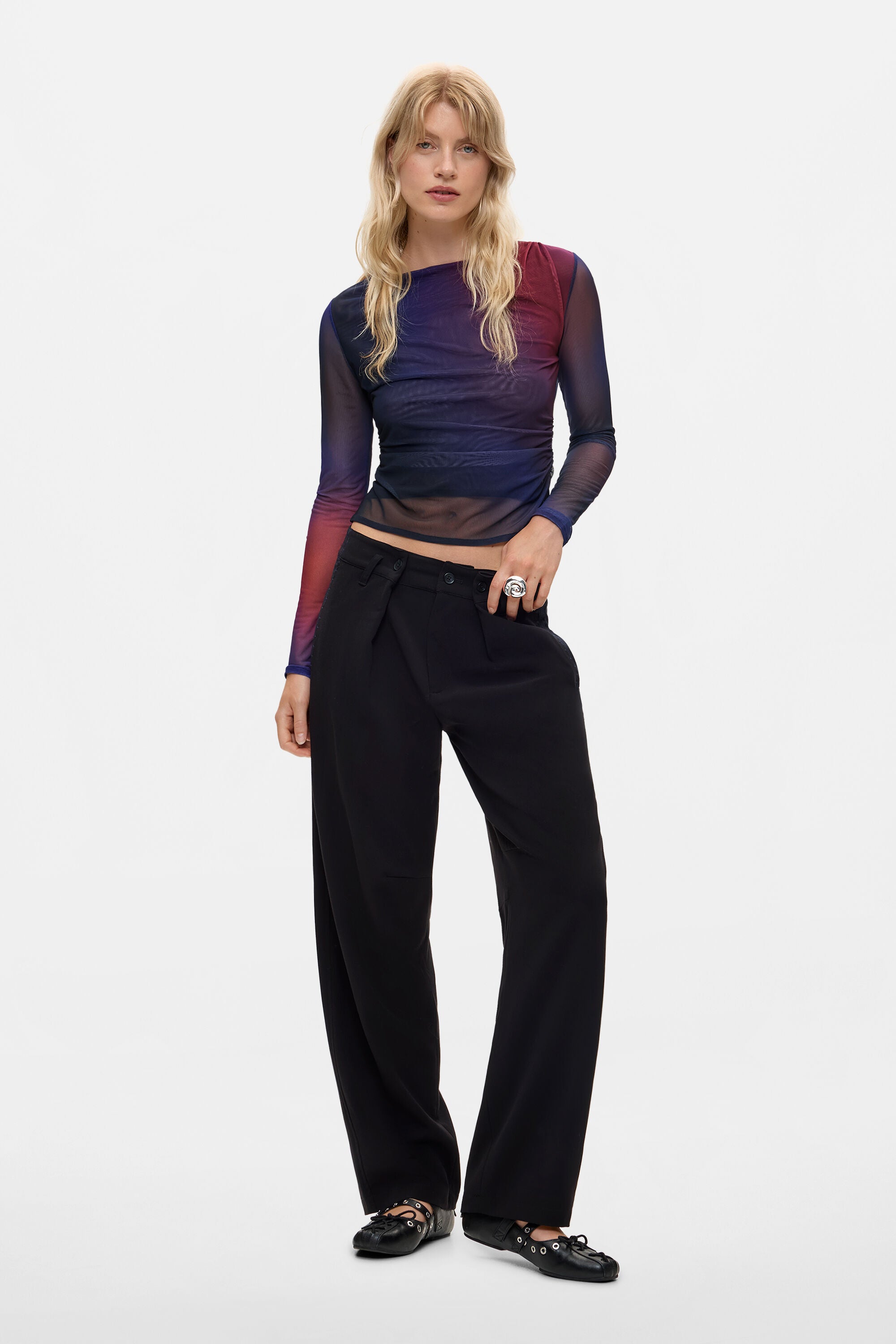 Desigual- Draped Long Sleeve T-Shirt in Crown Jewel