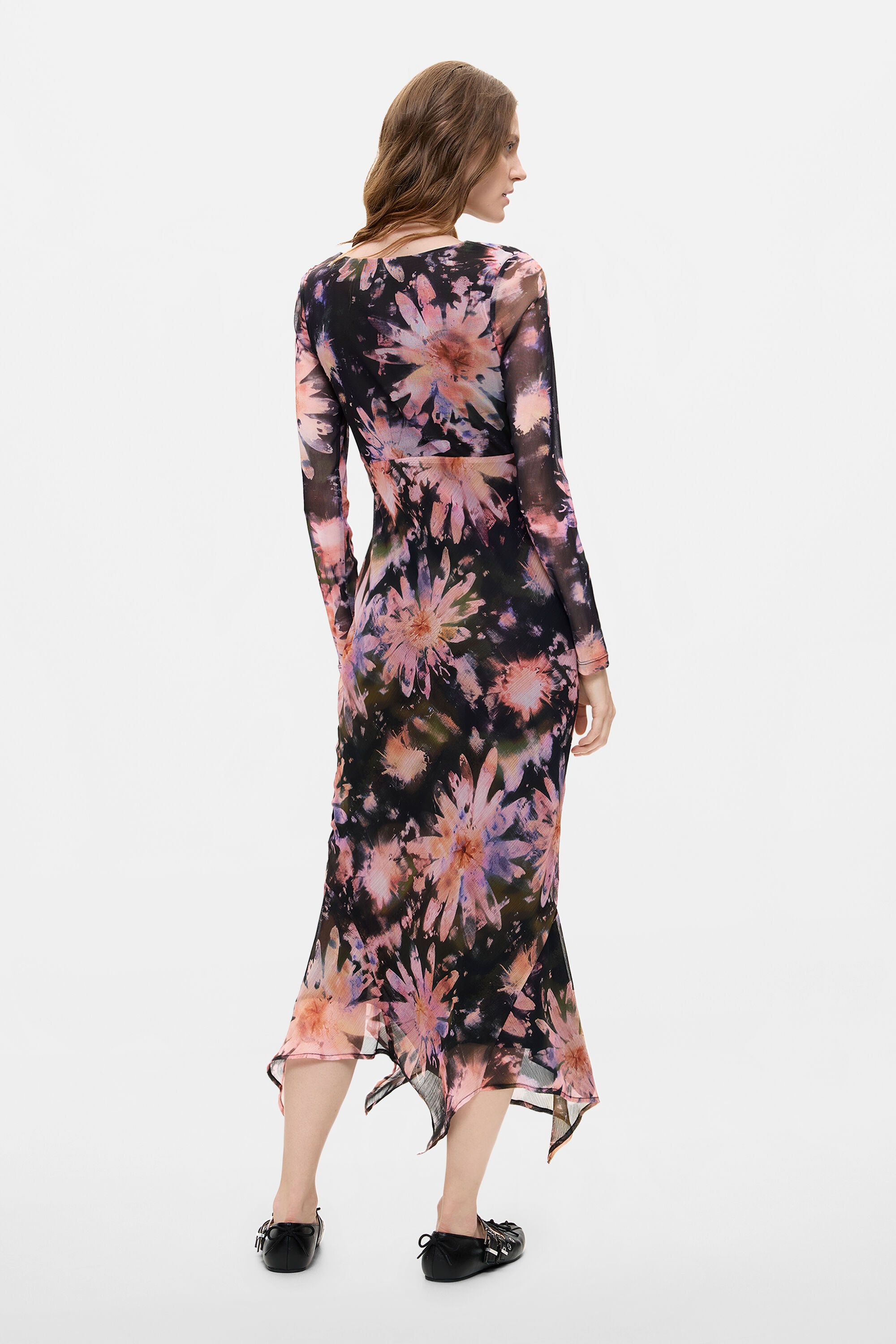 Desigual- Long-Sleeve Asymmetric Midi Dress in Tutti Frutti