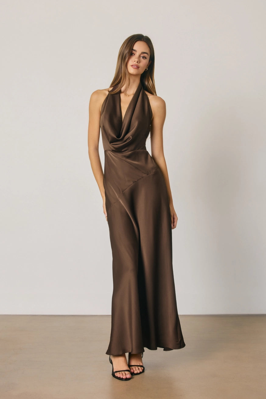 Dress Forum - Satin Draped Halter Neck Maxi Dress in Espresso