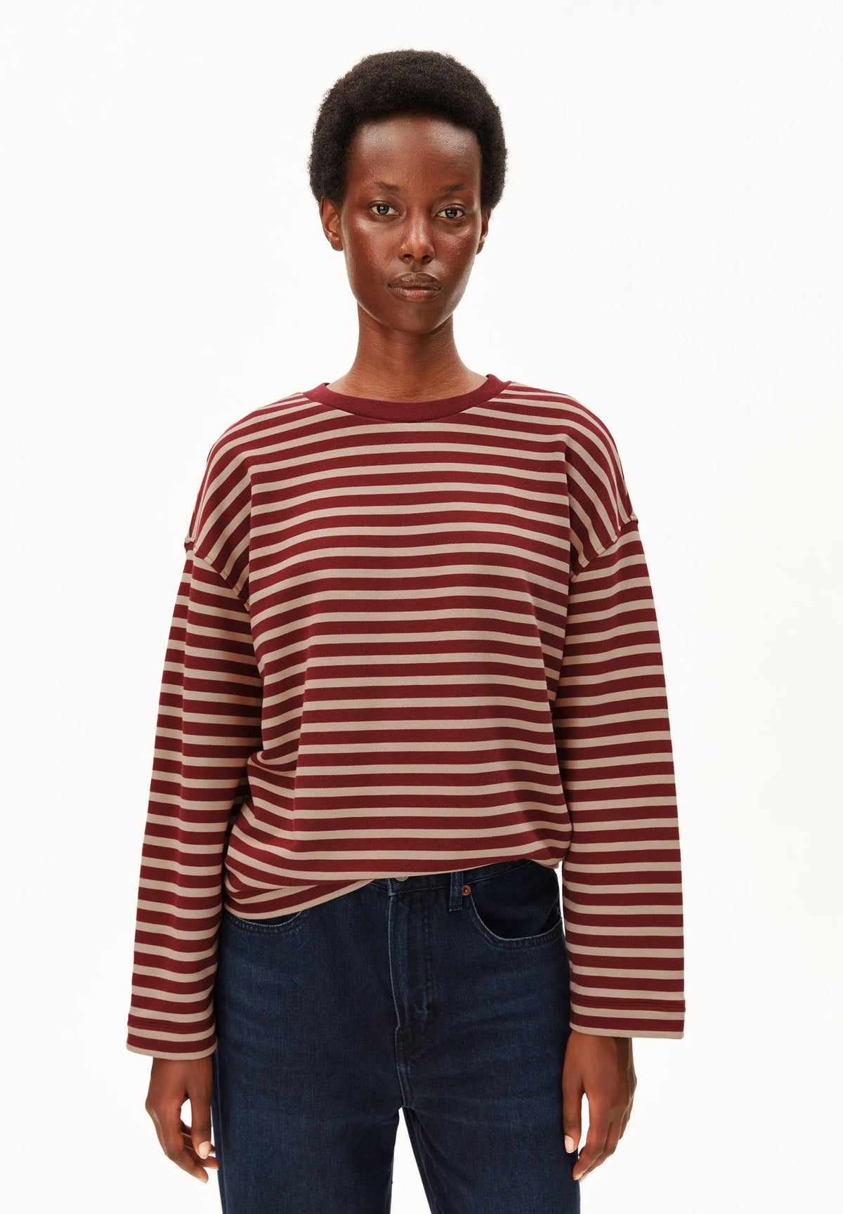 Armed Angels- Frankaa Maarlen Stripe Sweatshirt in Velvet Red-Honey Reed