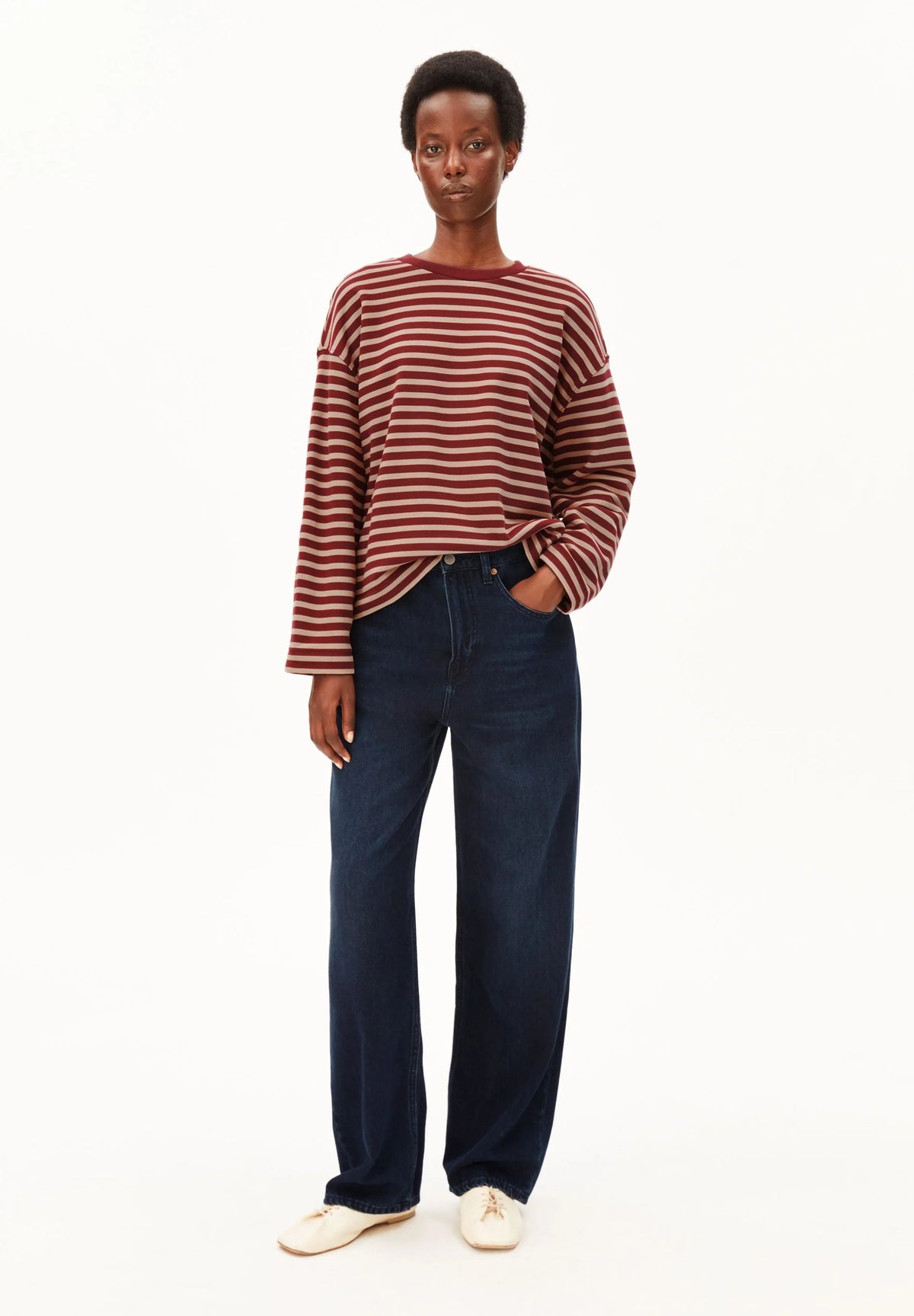 Armed Angels- Frankaa Maarlen Stripe Sweatshirt in Velvet Red-Honey Reed