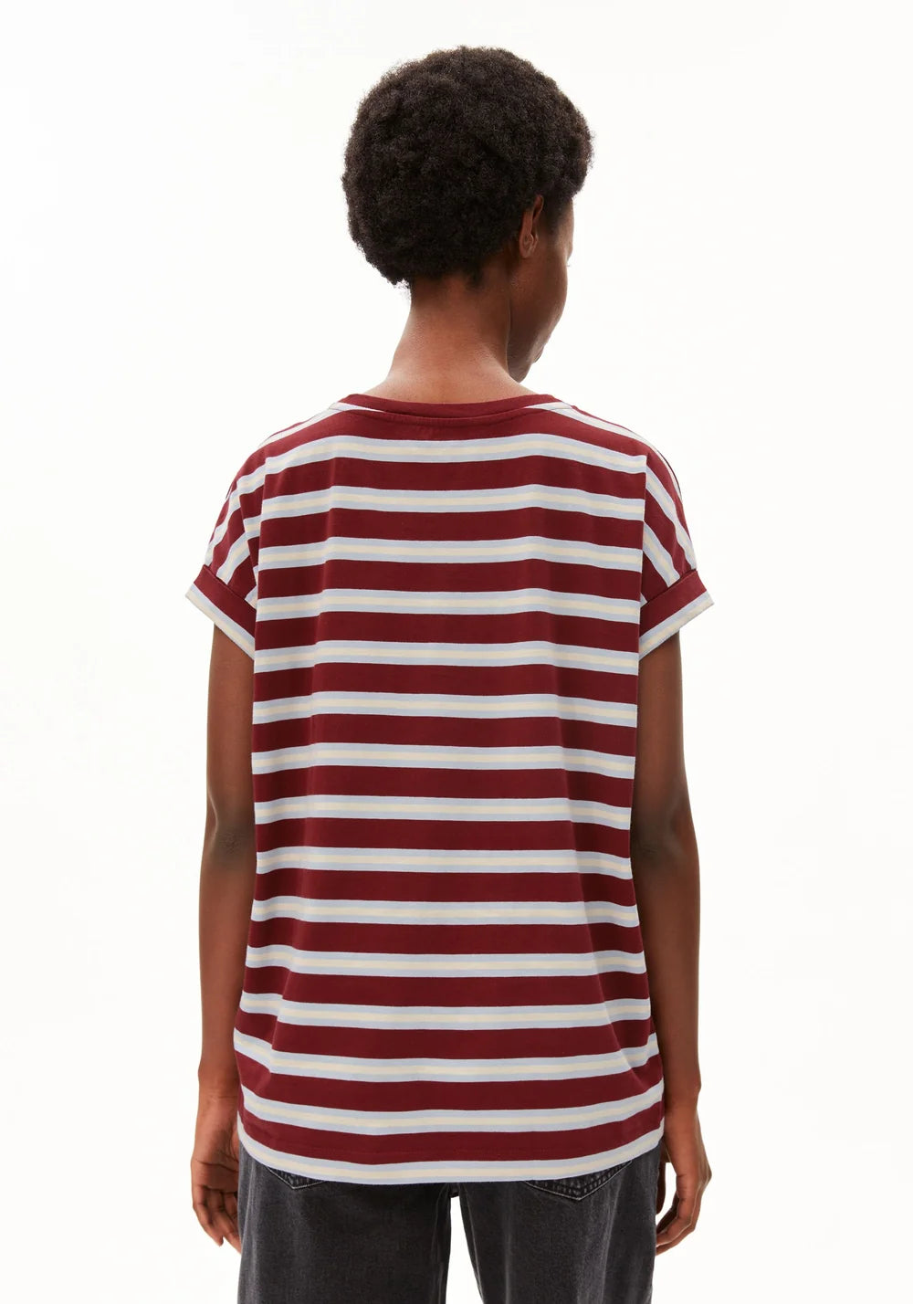 Armed Angels- Idaara Organic Cotton Stripe T-Shirt in Velvet Red-Soft Blue-Undyed