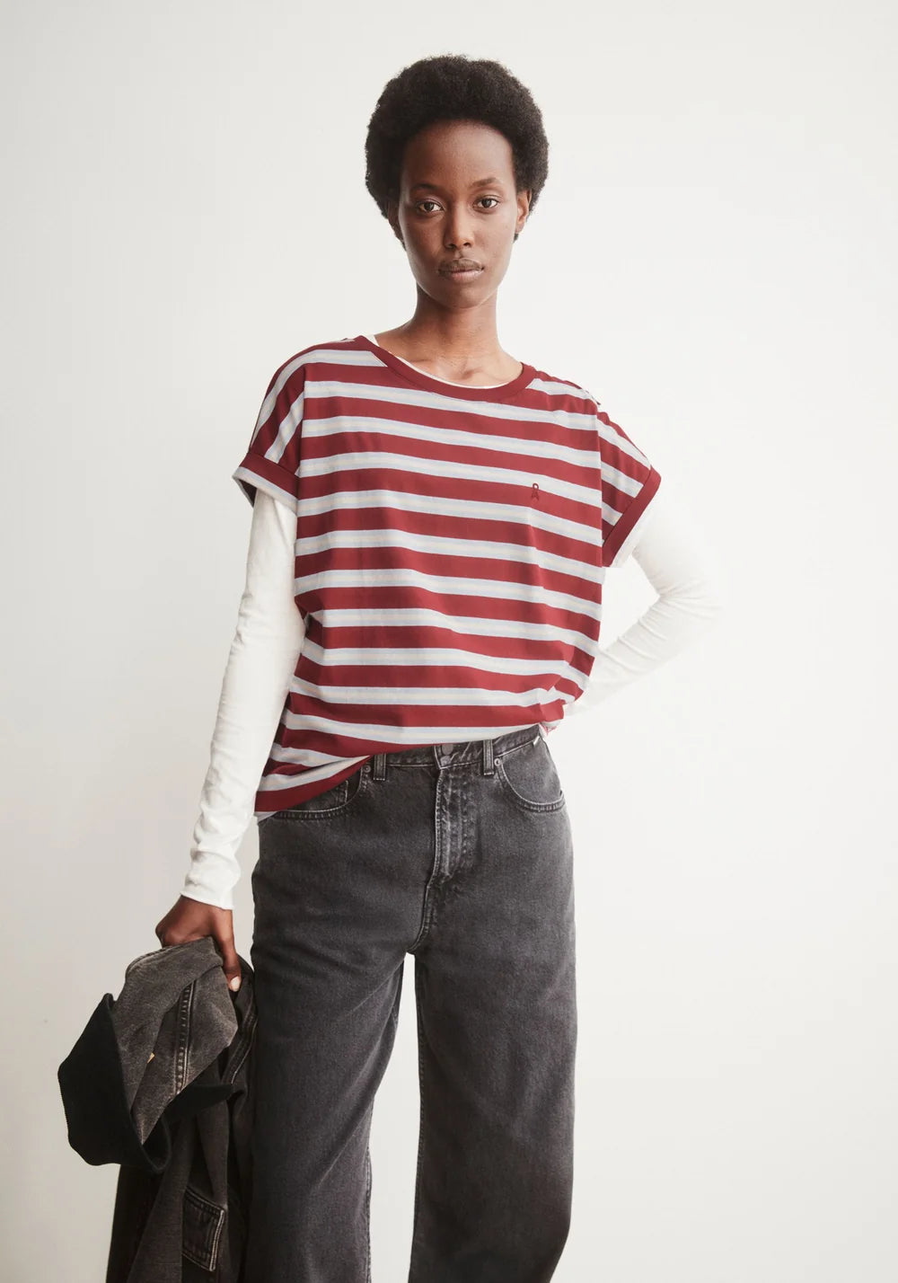 Armed Angels- Idaara Organic Cotton Stripe T-Shirt in Velvet Red-Soft Blue-Undyed