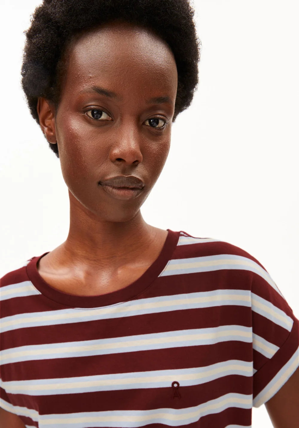 Armed Angels- Idaara Organic Cotton Stripe T-Shirt in Velvet Red-Soft Blue-Undyed