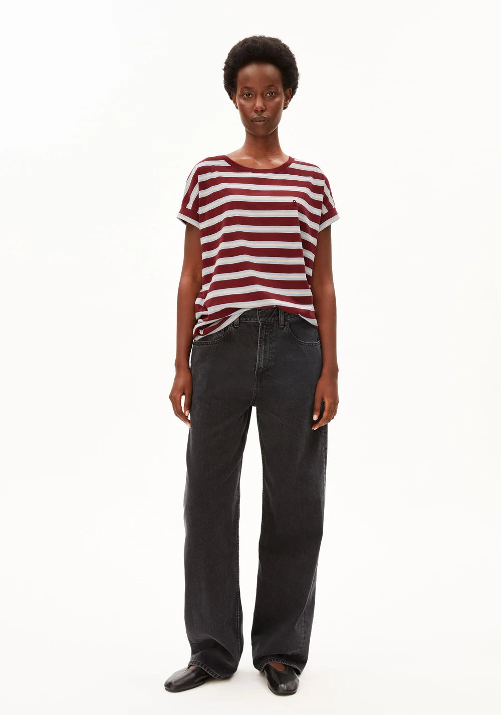 Armed Angels- Idaara Organic Cotton Stripe T-Shirt in Velvet Red-Soft Blue-Undyed