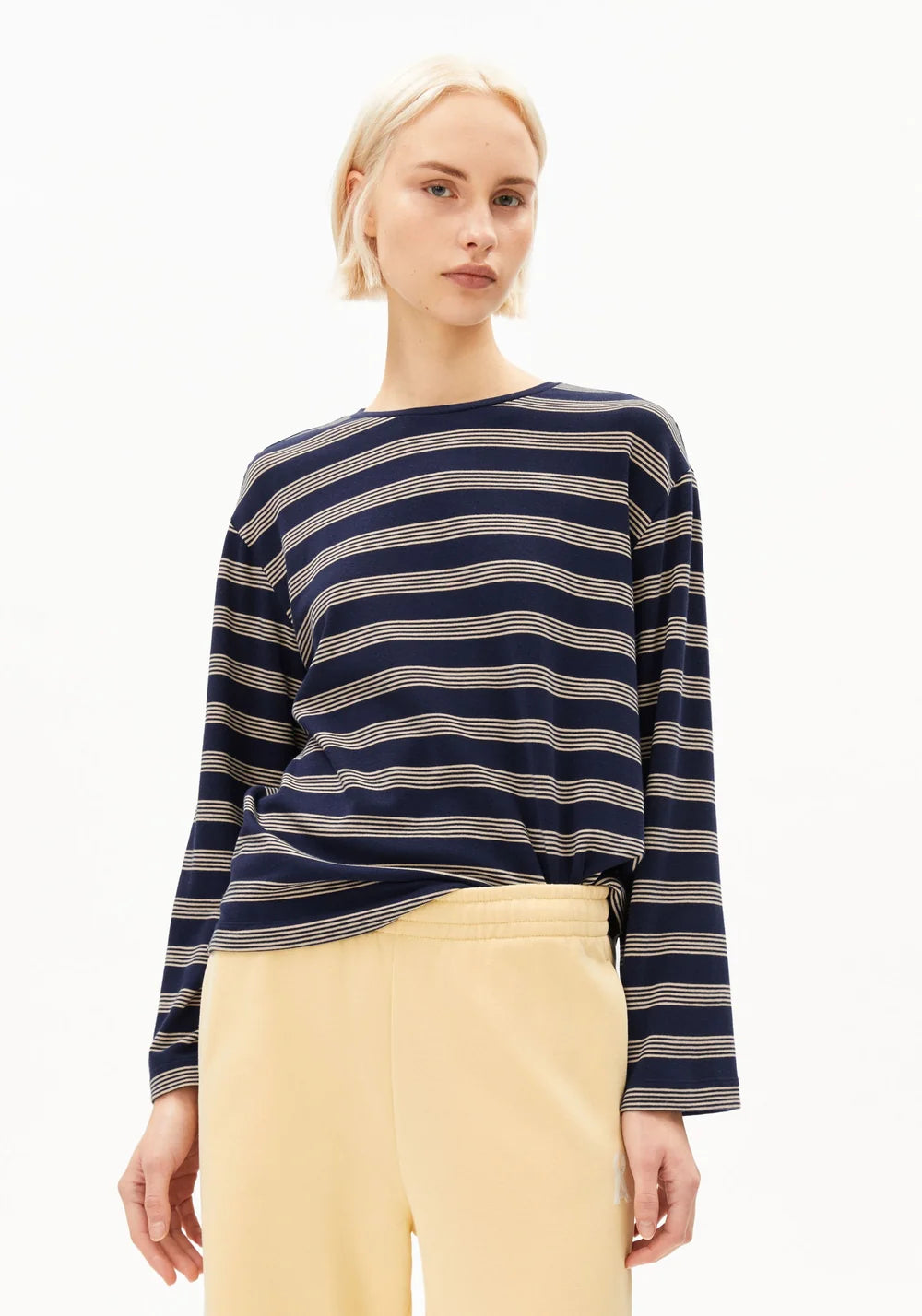 Armed Angels- Marynaa Fine Stripe Top in Tinted Navy Golden Hay