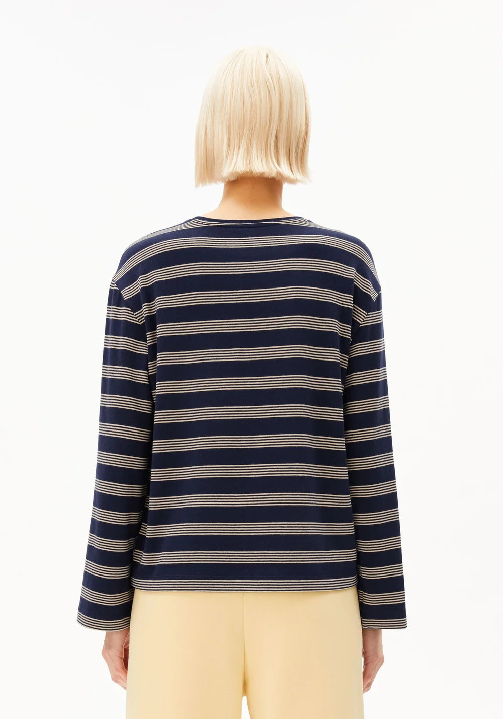 Armed Angels- Marynaa Fine Stripe Top in Tinted Navy Golden Hay