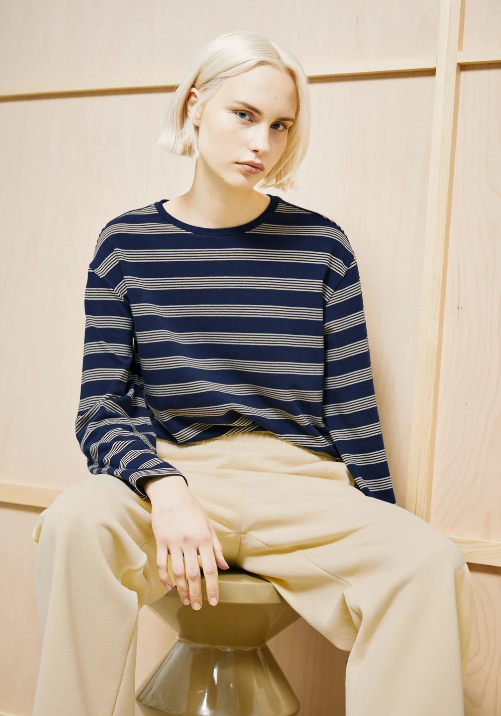 Armed Angels- Marynaa Fine Stripe Top in Tinted Navy Golden Hay