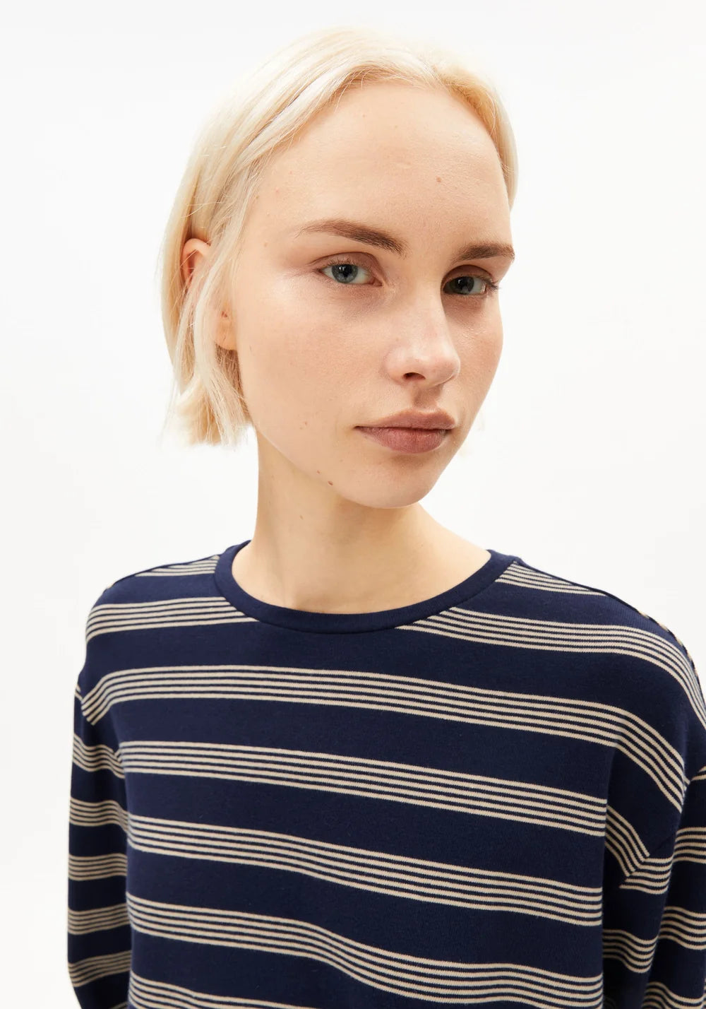 Armed Angels- Marynaa Fine Stripe Top in Tinted Navy Golden Hay