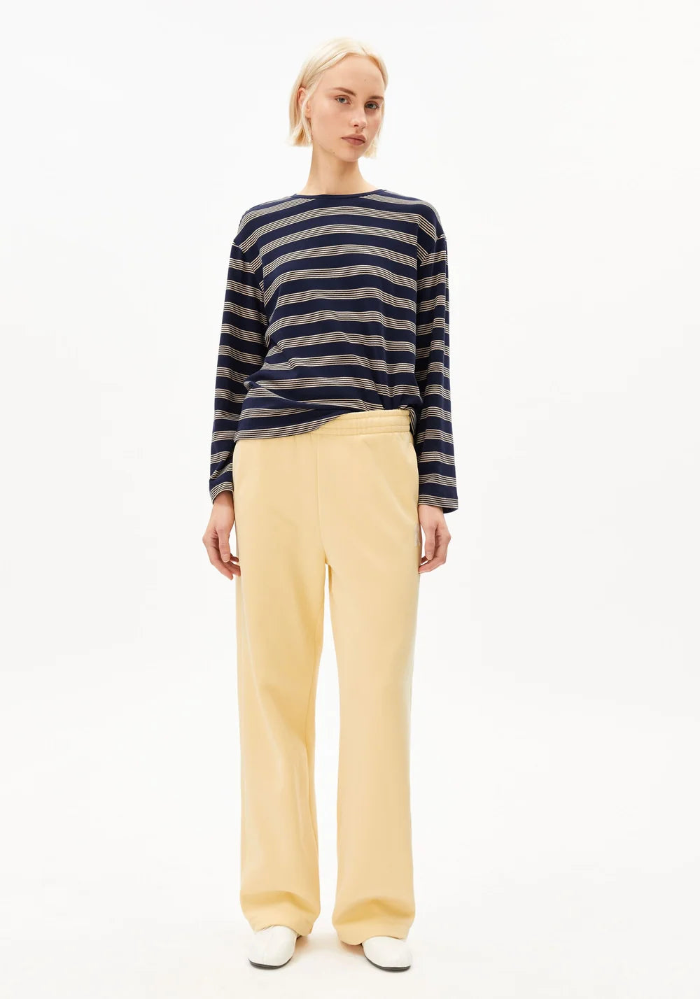 Armed Angels- Marynaa Fine Stripe Top in Tinted Navy Golden Hay