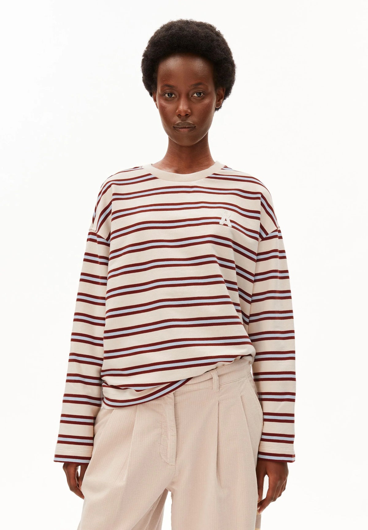 Armed Angels- Iconic Å Frankaa Bold Sweatshirt in Velvet Red- Soft Blue