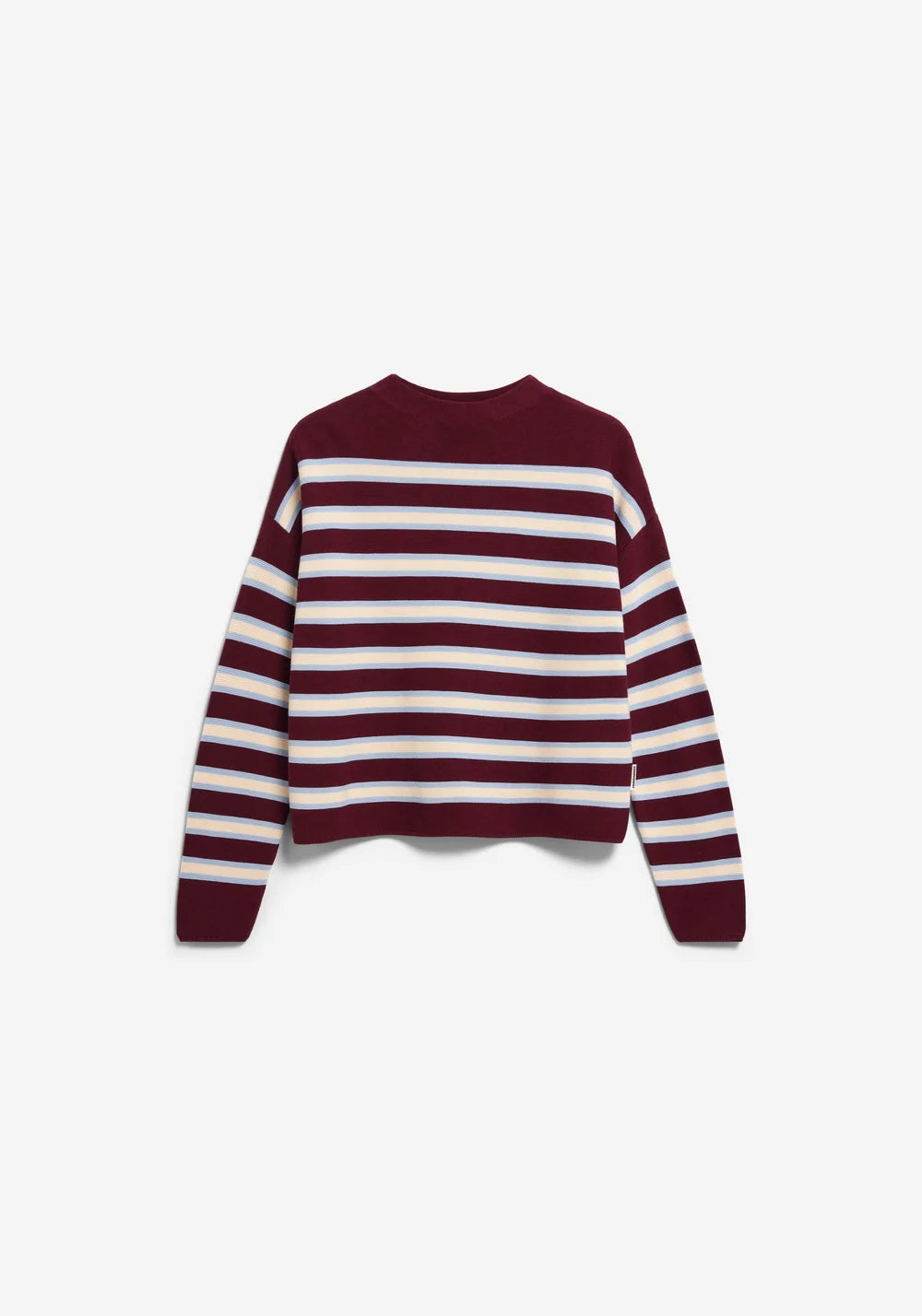 Armed Angels- Merinaa Striped Knitted Sweater in Velvet Red-Soft Blue-Oatmilk