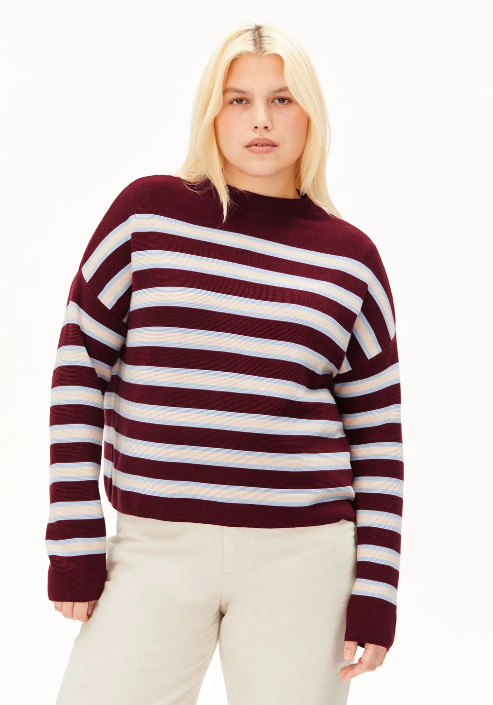 Armed Angels- Merinaa Striped Knitted Sweater in Velvet Red-Soft Blue-Oatmilk