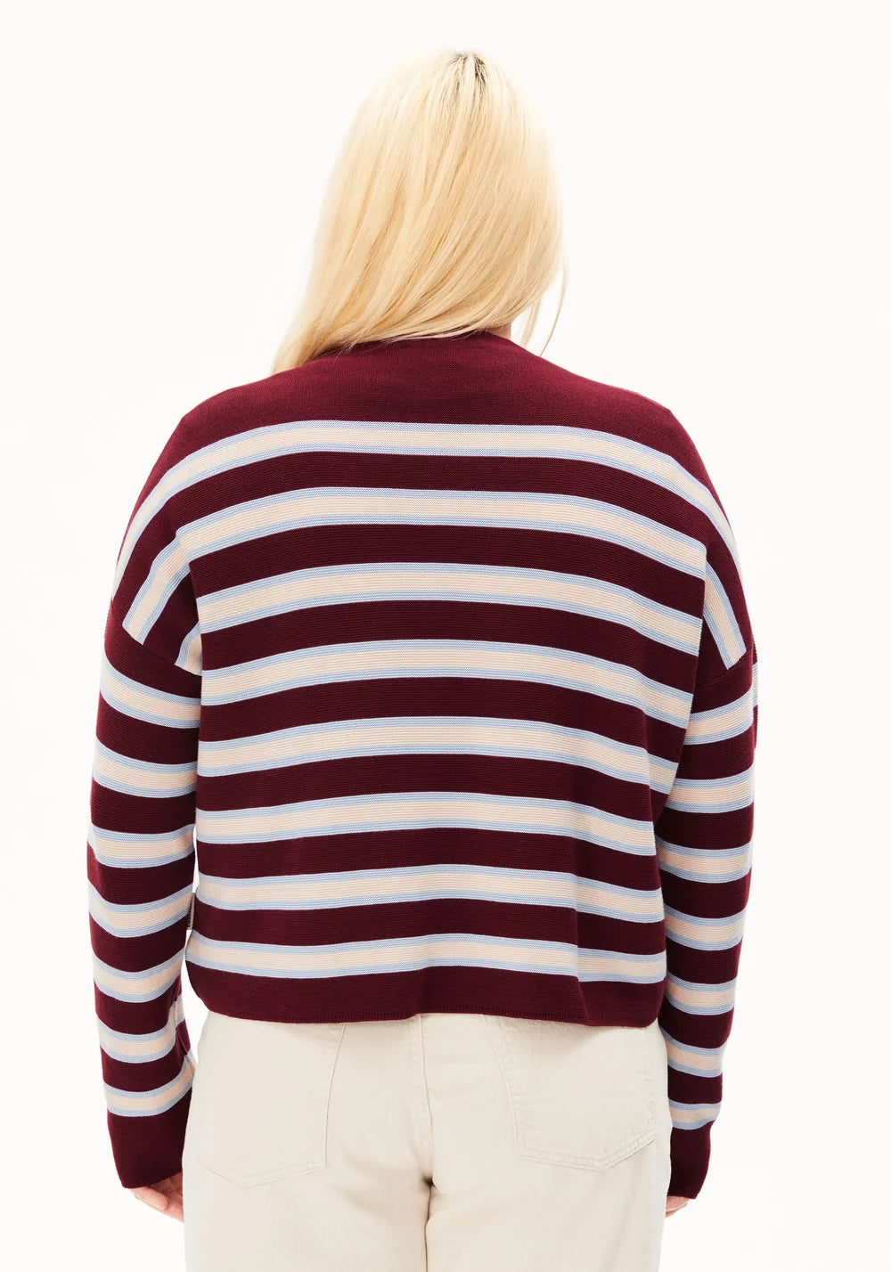 Armed Angels- Merinaa Striped Knitted Sweater in Velvet Red-Soft Blue-Oatmilk