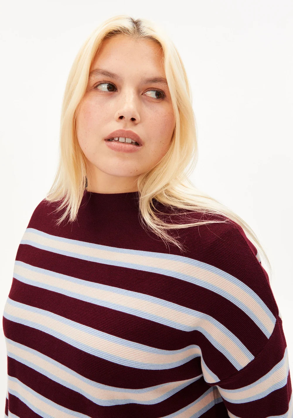 Armed Angels- Merinaa Striped Knitted Sweater in Velvet Red-Soft Blue-Oatmilk